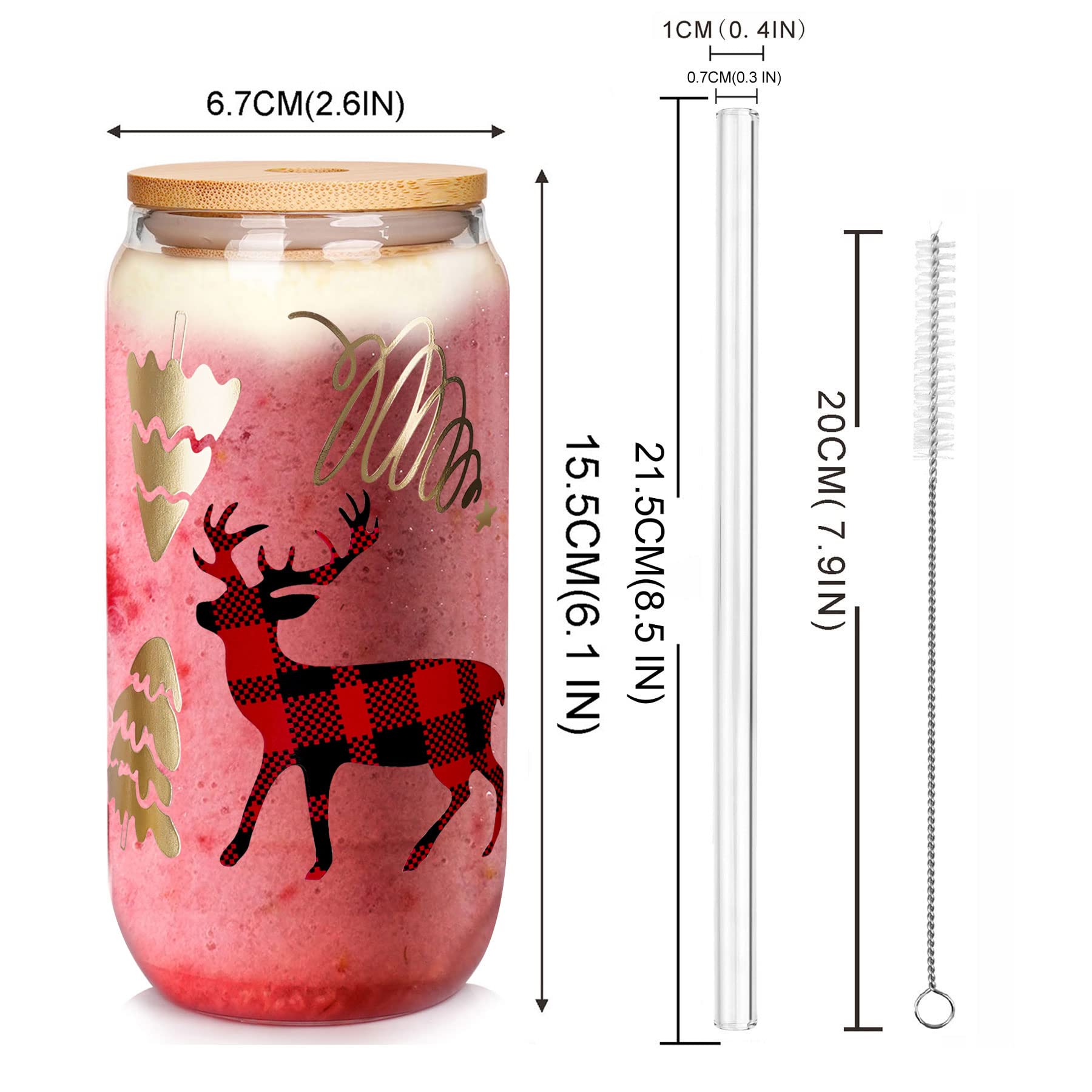 ANOTION Christmas Cups, 18oz Christmas Coffee Mugs Glass Cups with Lid and Straw Colorful Xmas Tree Tumbler Drinking Glasses Gla