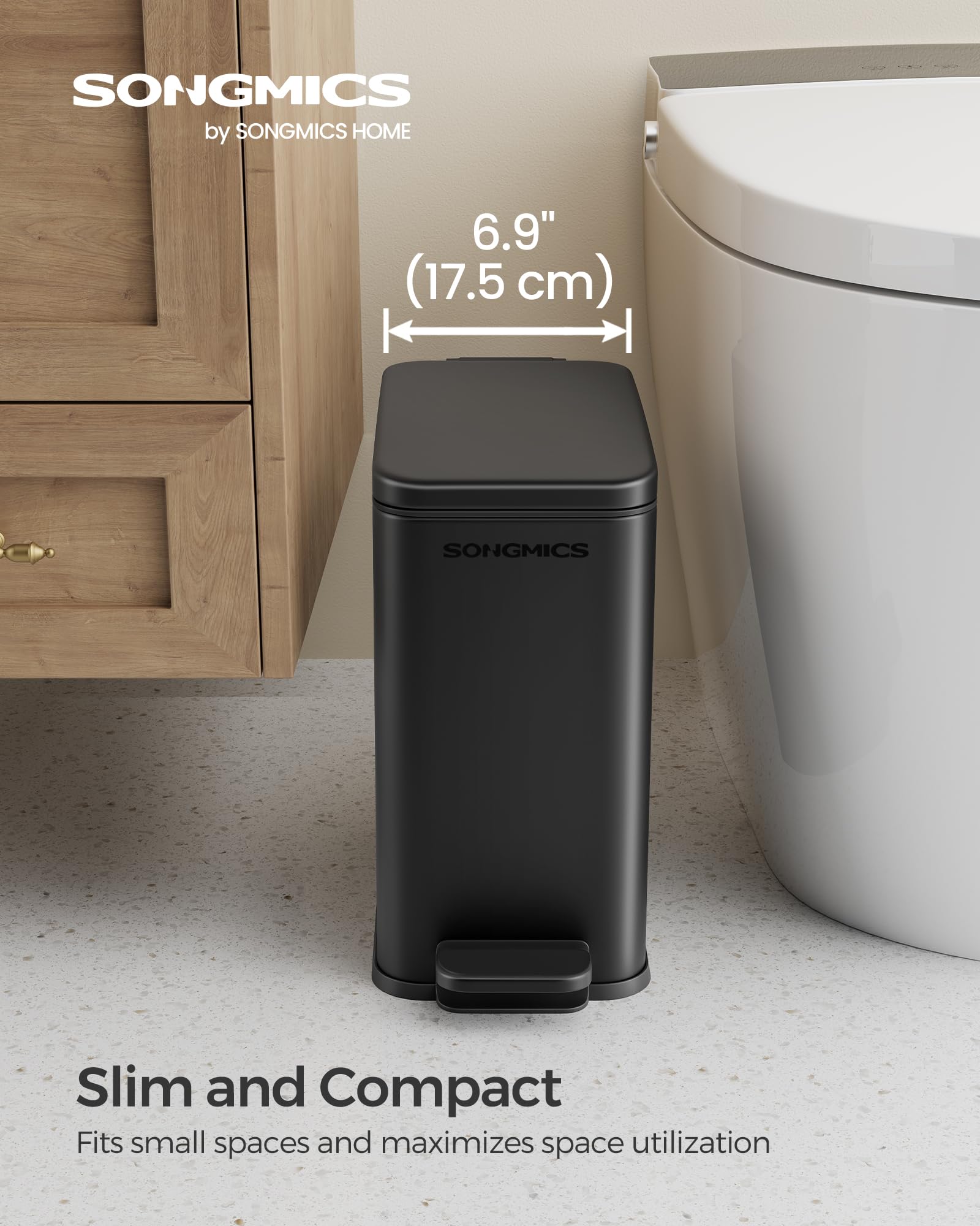Songmics Bathroom Trash Can, 2.6 Gallon (10 L) Small Trash Bin With Lid, Slim For Small Spaces, Stainless Steel Garbage Can, Sof