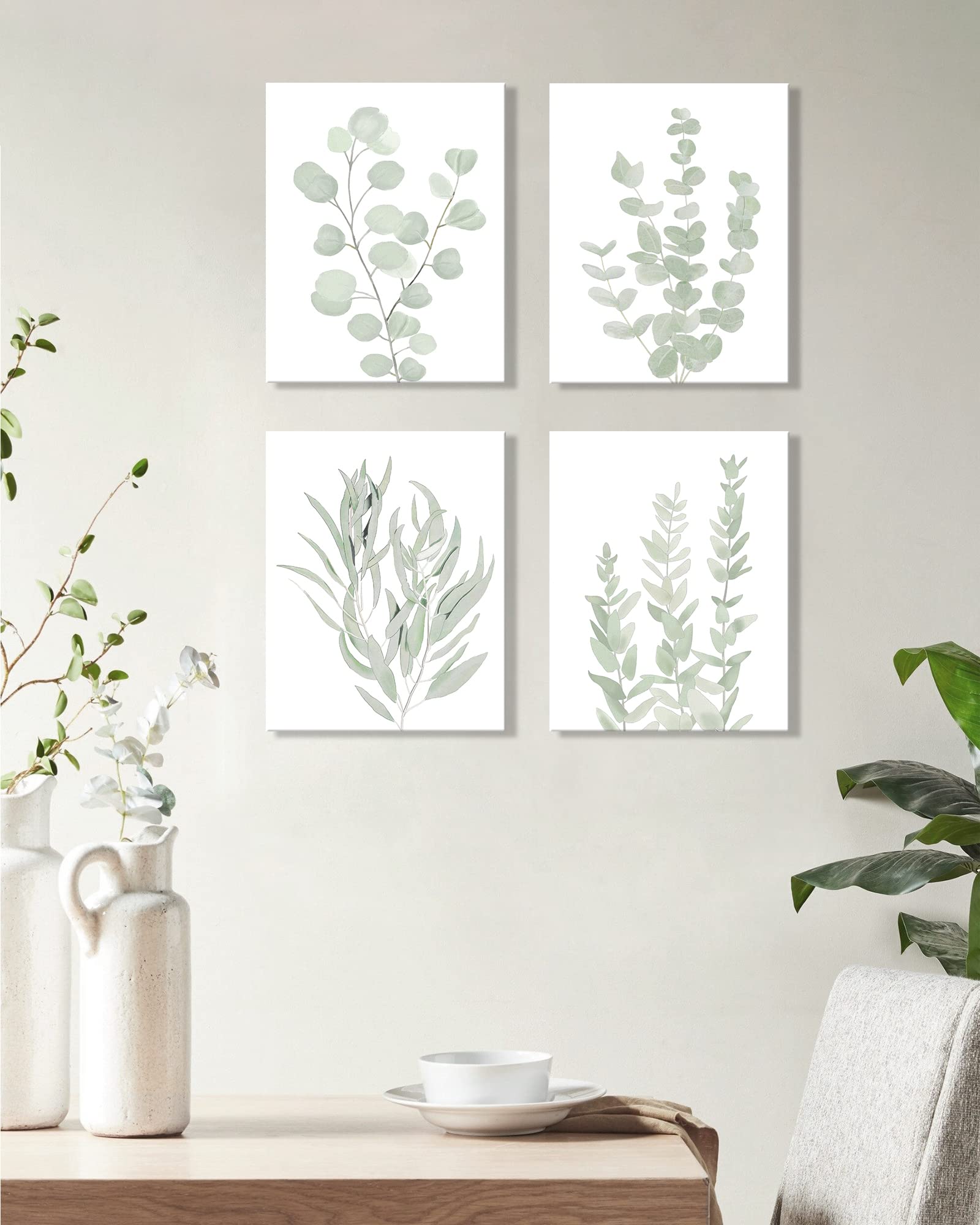 Botanical Eucalyptus Canvas FRAMED Wall Art | Boho Plant Wall Decor for Bedroom | Minimalist Prints for Living Room | Light Green Botanical Art Painting for Bathroom | Eucalyptus Leaf Picture | Set of 6 | 8