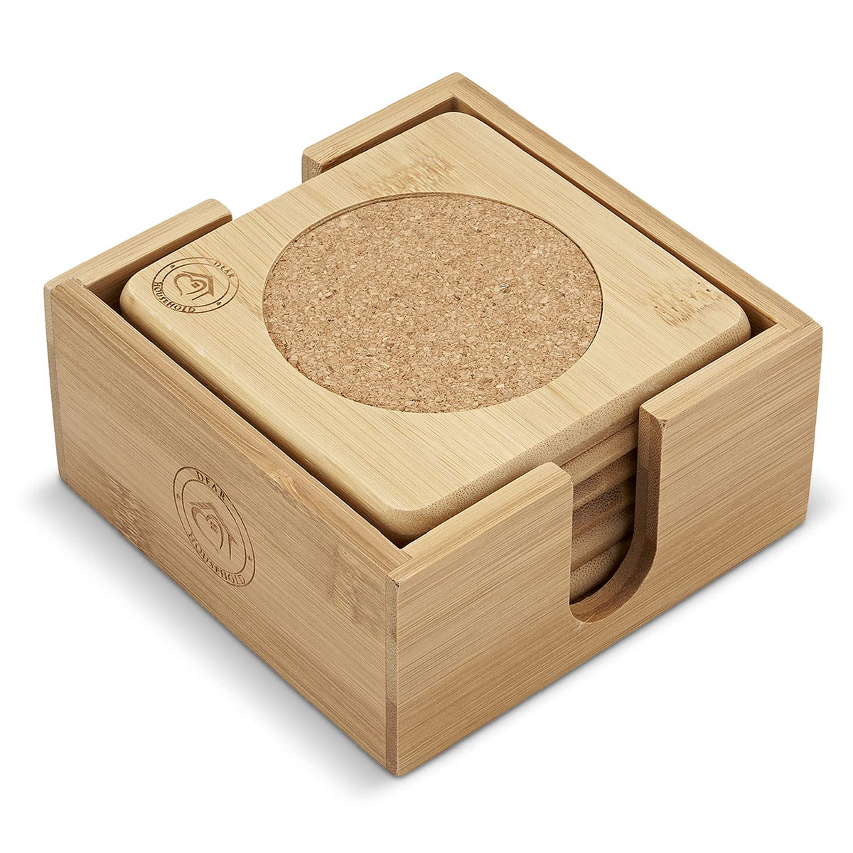 Set Of 6 Bamboo Coasters With Matching Coaster Holder - Sleek, Smooth Moso Bamboo & Cork Coaster Set Protects Surfaces From Stai