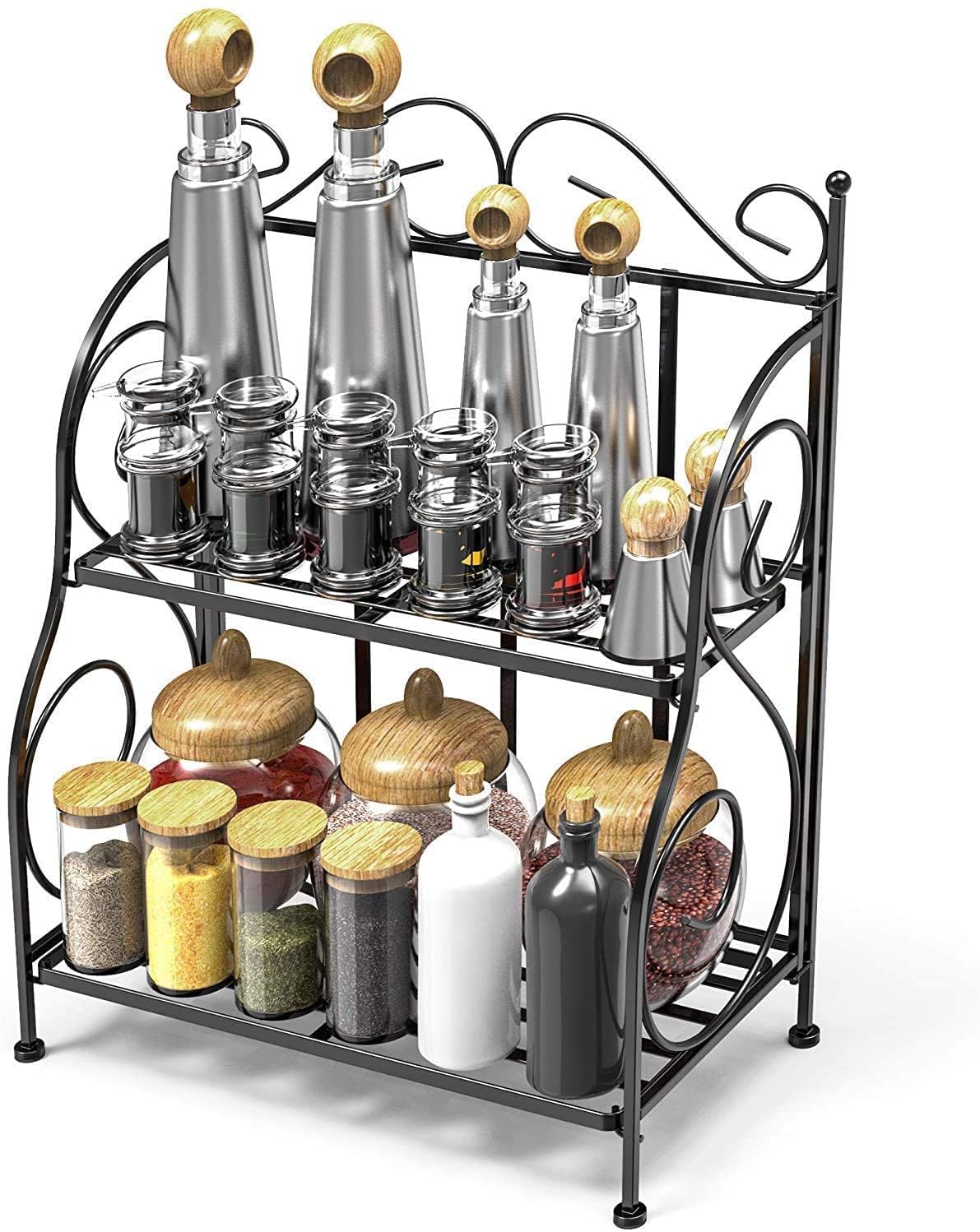 Edideuenica Spice Rack,2Tier Foldable Rack For Kitchen,Bathroom Countertop Spice Jars Bottle Rack Black (Black,Wrought&Cast Ir