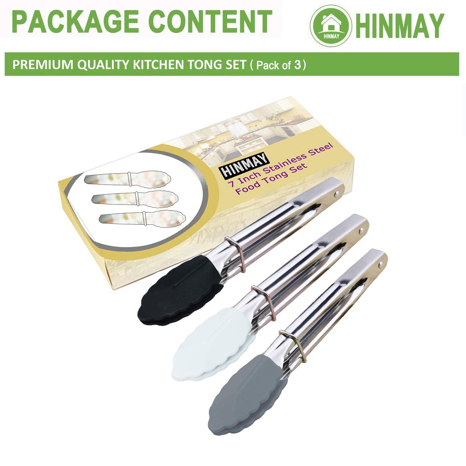Hinmay Mini Tongs With Silicone Tips 7-Inch Small Serving Tongs, Set Of 3 (Black White Gray)