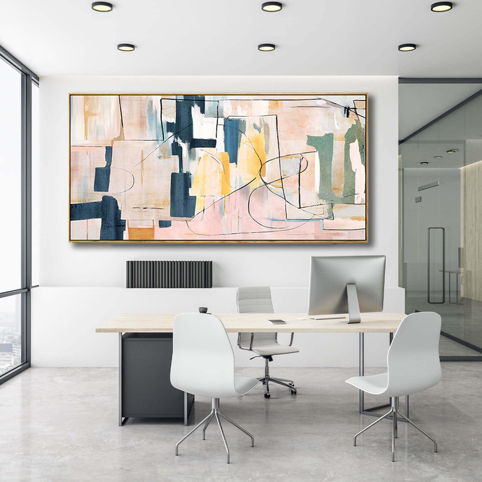 Pink Abstract Painting Large Wall Art Living Room Decor Blue Canvas Print Line Artwork Home Office Decoration 30X60 Inch