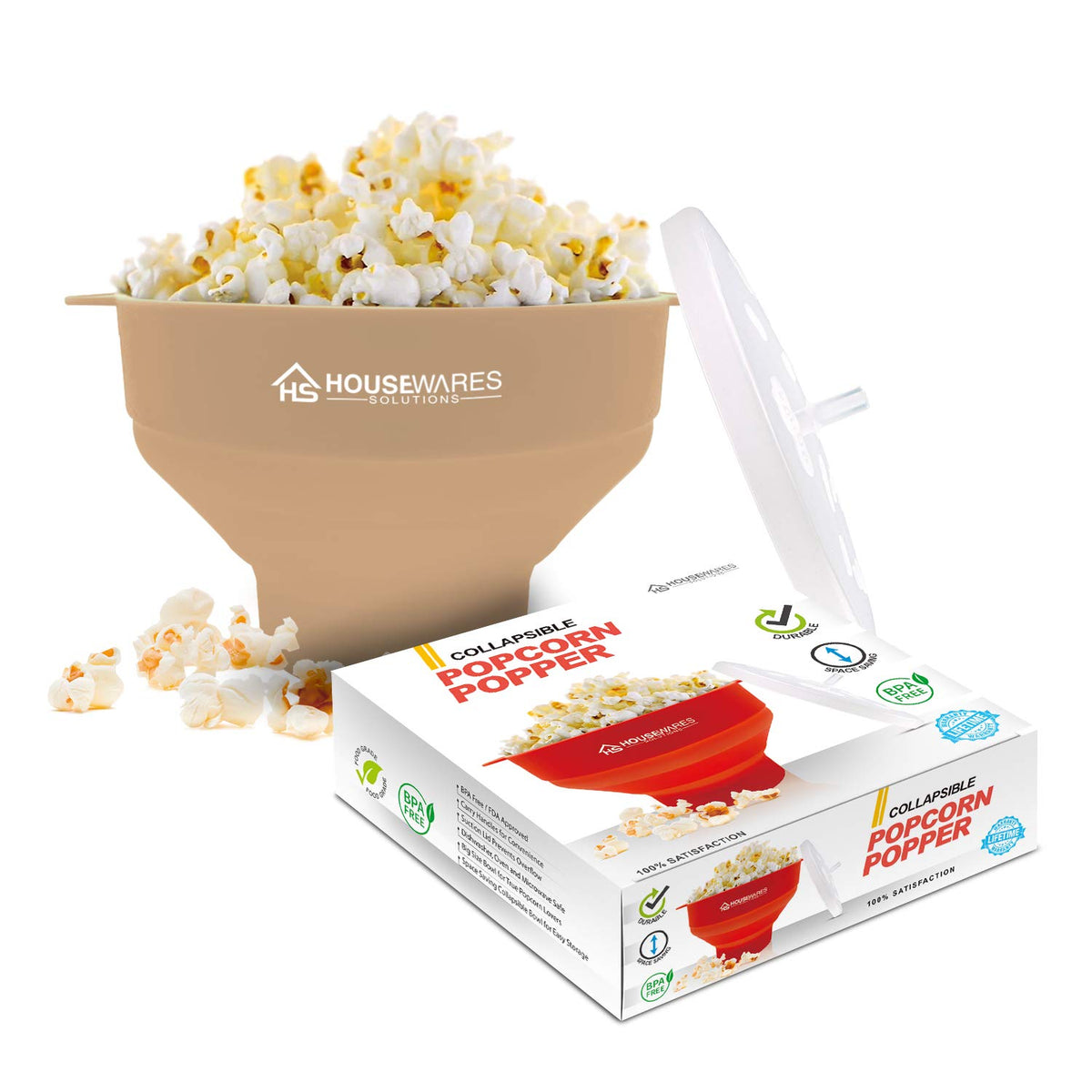 Collapsible Silicone Microwave Hot Air Popcorn Popper Bowl With Lid And Handles (Tan)