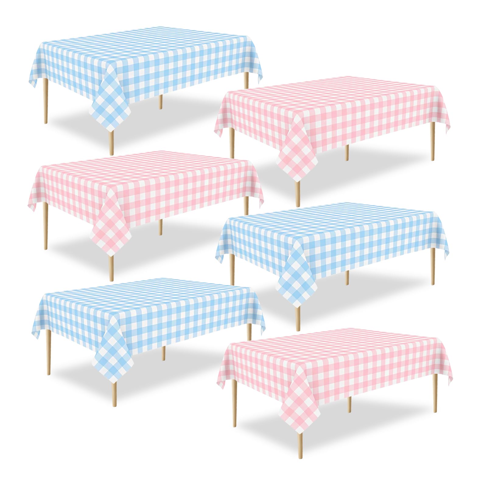 ZHIAXTON 6 Pack Gender Reveal Gingham Plastic Table Cloths, 54 X 108 Inch Disposable Pink and Blue Tablecloth, Rectangle Table C