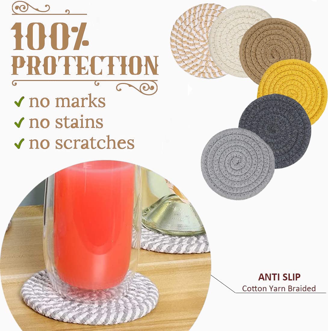 Absorbent Drink Coasters, Handmade Braided Drink Coasters, Set Of 6 (4.3 Inch, Round, 8Mm Thick), Super Absorbent Heat-Resistant
