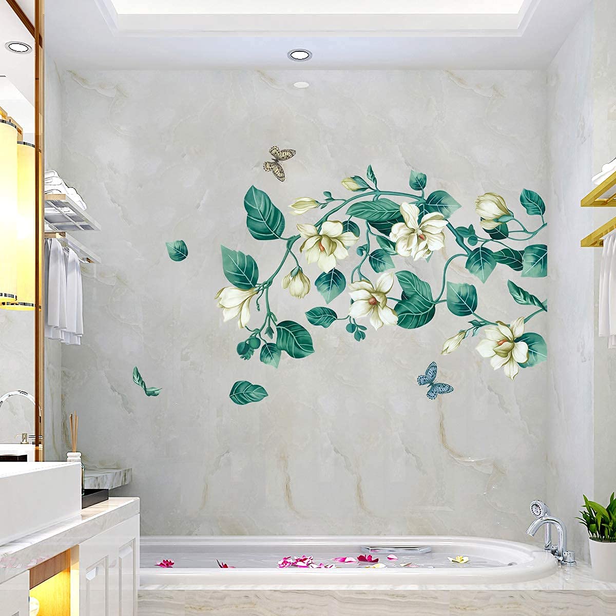 Livegallery Removable Vinyl Fresh Green Leaf And White Flower Wall Sti ...