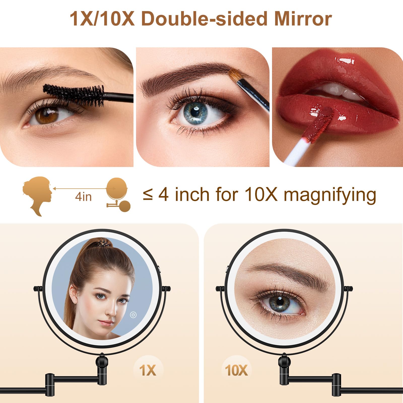 9'' Wall Mounted Lighted Makeup Mirror,4000Mah Rechargeable Double Sided 1X/10X Magnifying Mirror With Light,Touch Dimmable,Exte