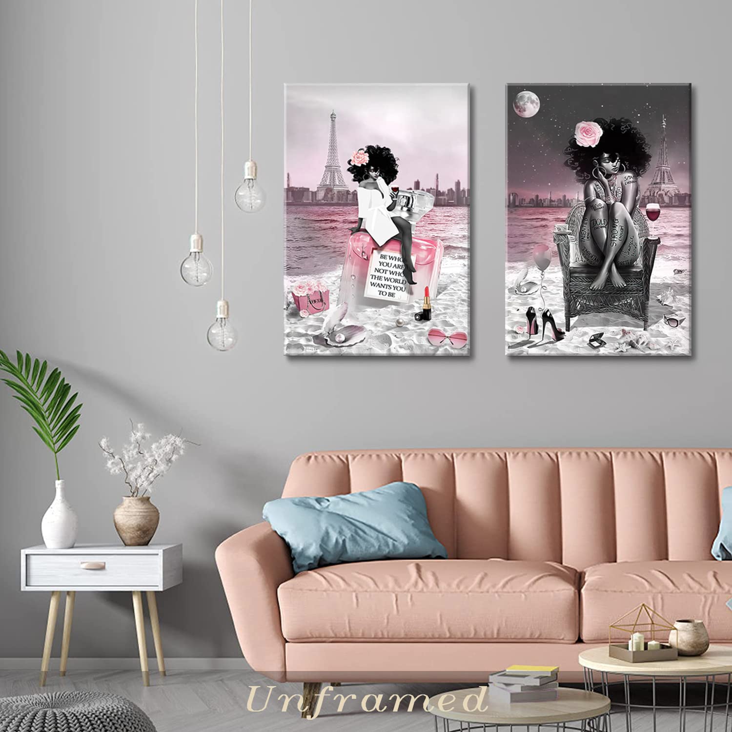 2 Pieces African American Black Girl Wall Art Decor Fashion Modern Pink And Black Beach Paris Eiffel Tower Drawing Painting Pict
