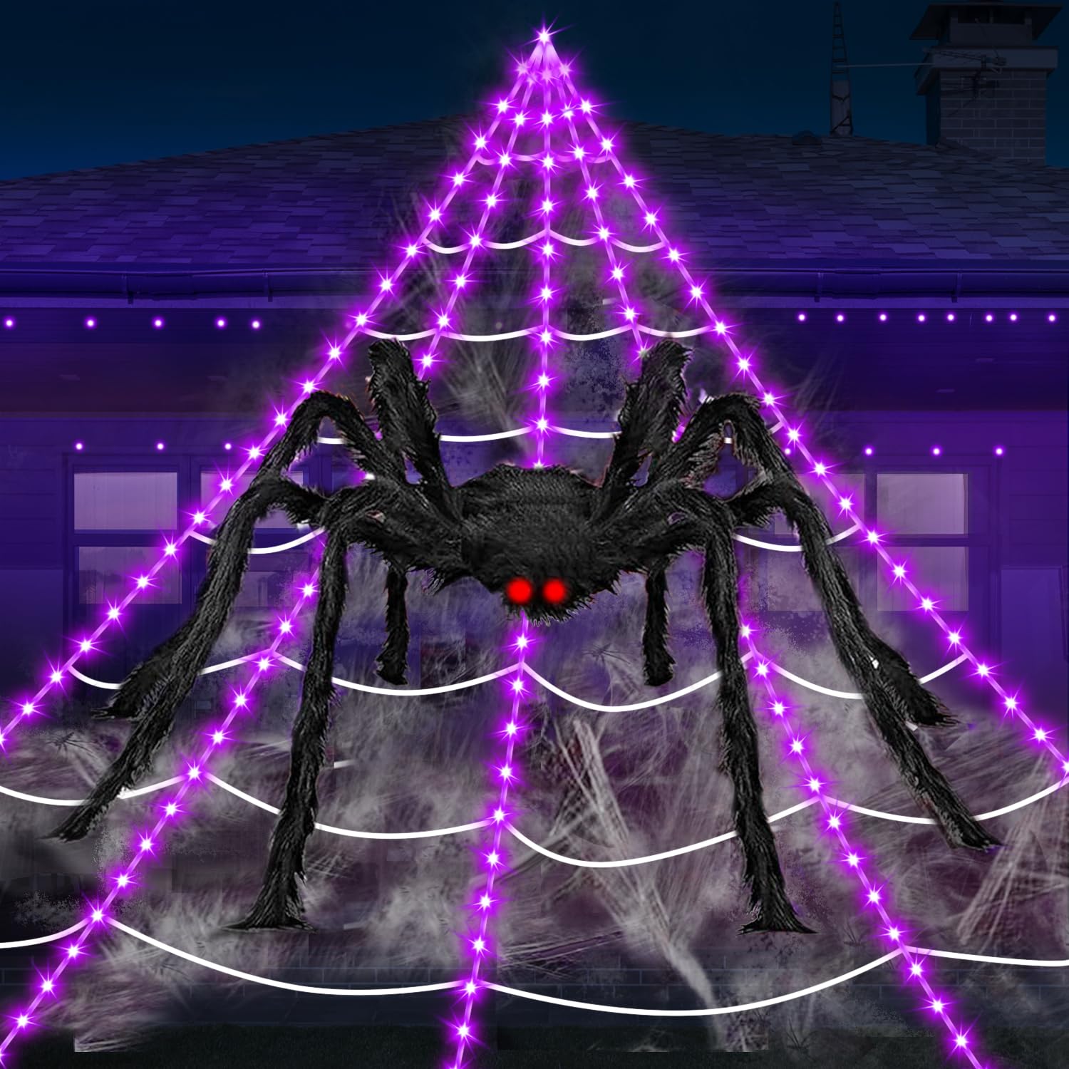 Halloween Decorations Outdoor Spider Web Lights, 23Ft 350 LED Light up Spider Web with 6.6Ft Giant Spider, 8 Modes Waterproof Ti
