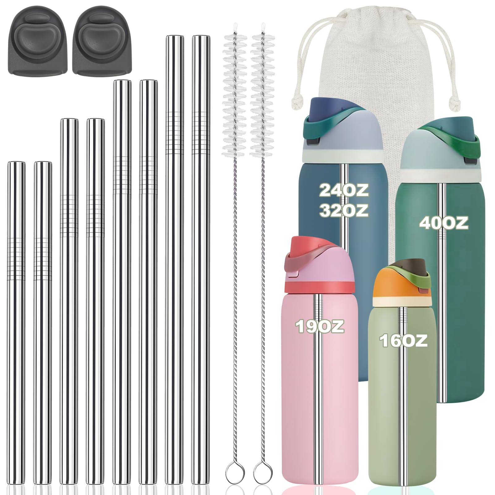 10 PCS Stainless Steel Straws for Owala Water Bottle, 4 Lengths 19oz 24oz 32oz 40oz Kids FreeSip 16oz, with Cleaning Brush & Tra