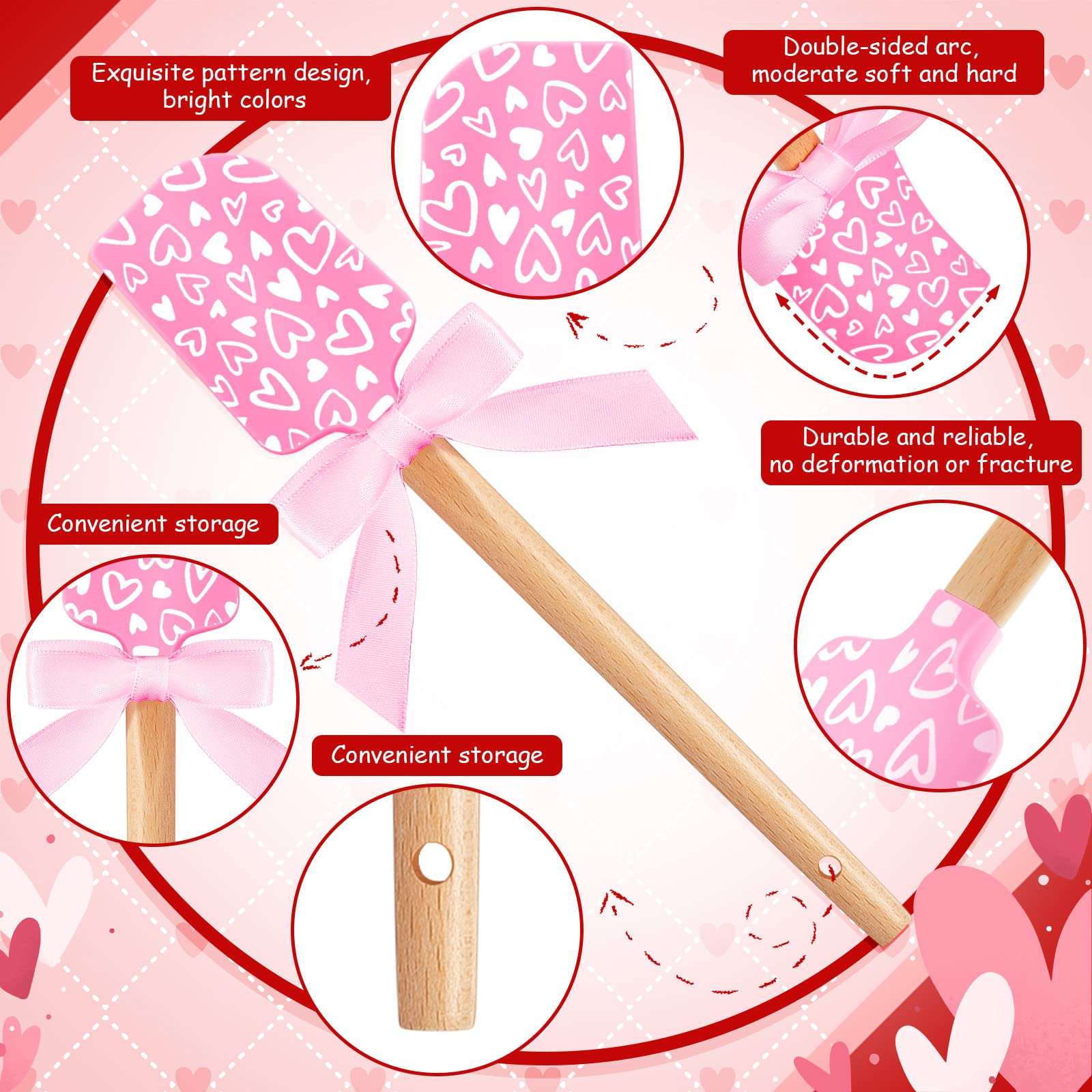 3 Pcs Valentine'S Day Silicone Spatulas With Wooden Handles Valentine Pattern Heat Resistant Baking Spatulas Silicone Spatulas W