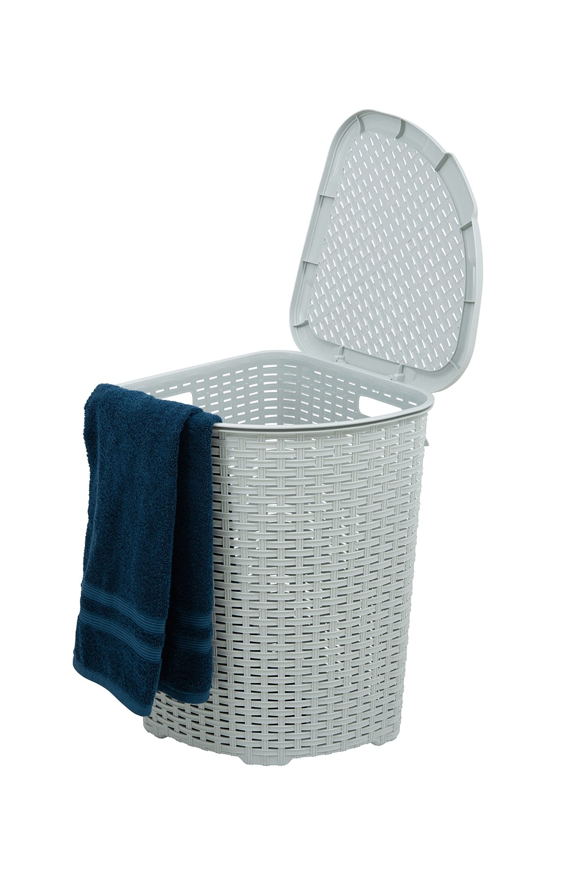 Plastic Corner Laundry Hamper With Lid, Curved Designed Laundry Basket, Triangle White Smoke Cloths Hamper Organizer With Cut-Ou