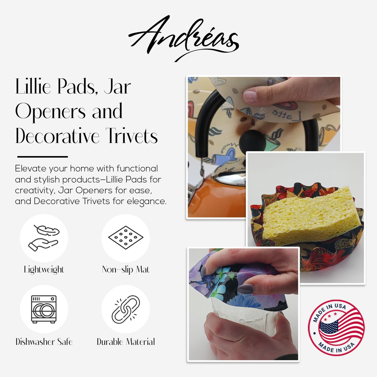 Andreas Silicone Jo-975 Non-Slip 6.25'' Jar Opener, Easy Lid Opener, Made With Silicone And Fabric, Dishwasher Safe, Garlic Peel