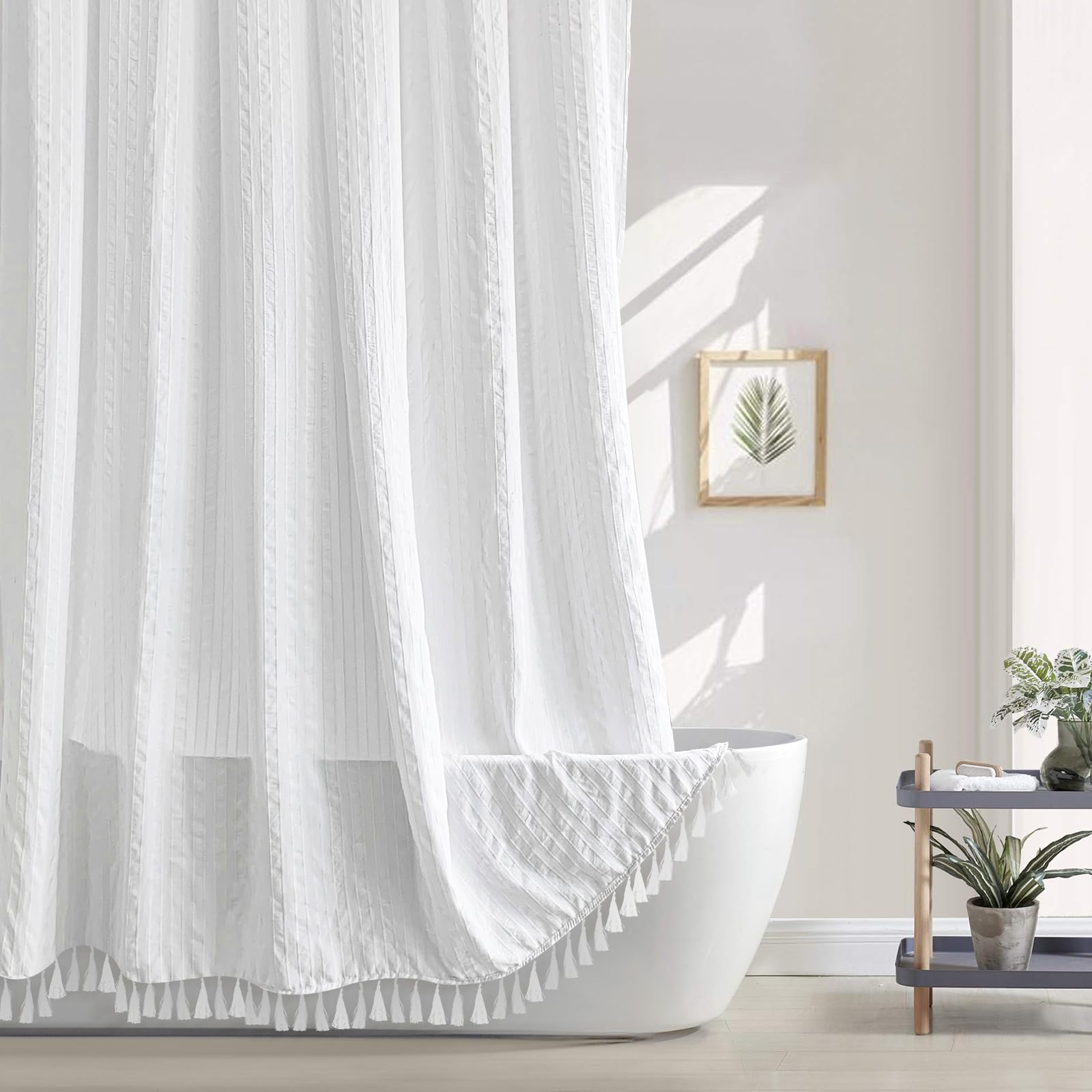Seasonwood White Fabric Shower Curtain Boho Chic Striped Textured Tassel Shower Curtain For Bathroom, Wrinkle Free, Shabby Chic