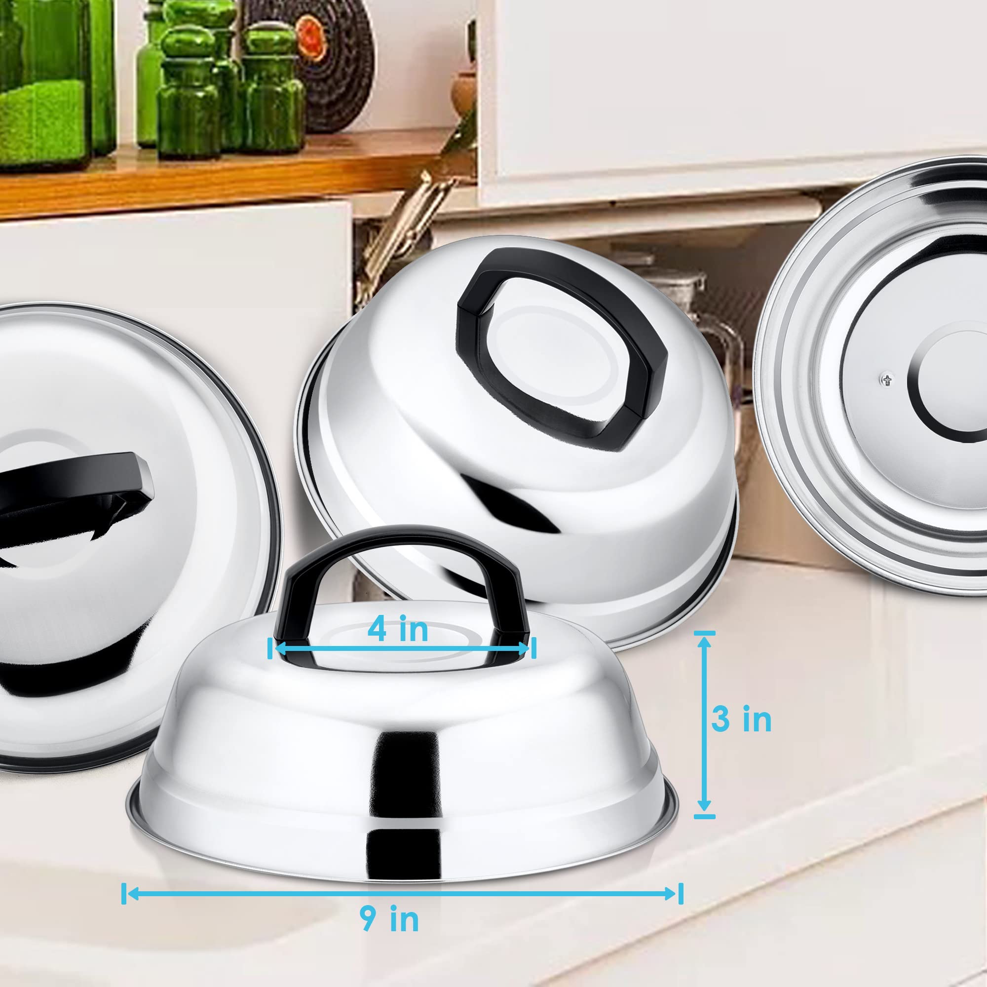 Leonyo 9 Inch Cheese Melting Dome Lid Set Of 4, Stainless Steel Griddle Accessories, Durable Basting Steaming Cover For Teppanya