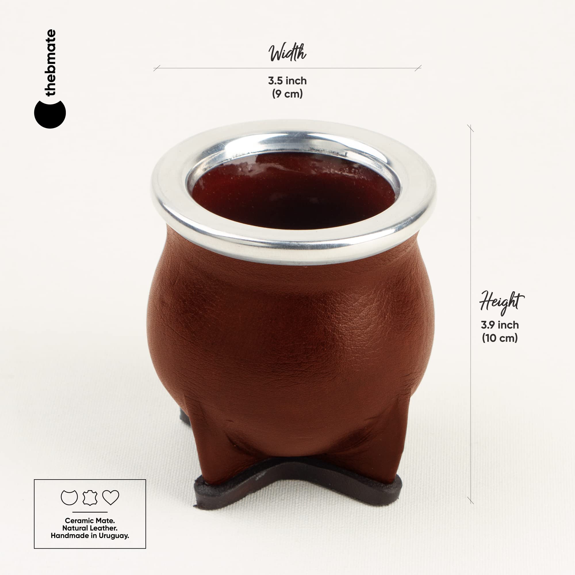 Thebmate [Premium Yerba Mate Cup (Mate Gourd) - Crafted Ceramic Teacup - Brown Leather Wrapped Handmade In Uruguay - Mate Camion