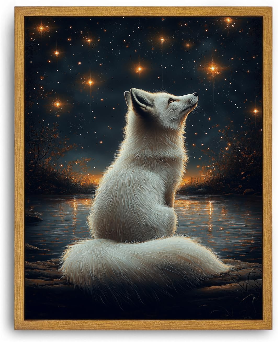 Djmwtb Framed Canvas Wall Art, White Fox Pictures Wall Decor, Nature Stars Animal Artwork Paintings Woodland Nursery Decor Print