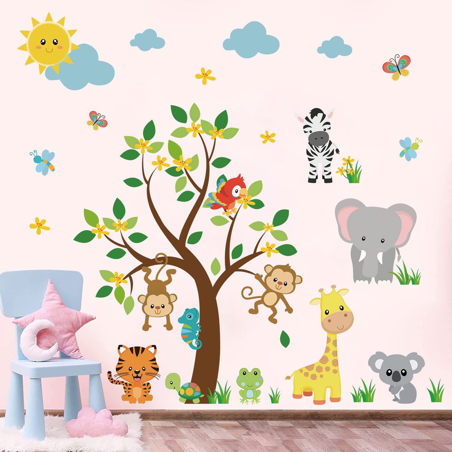 Supzone Jungle Animal Wall Stickers Monkey Tree Wall Decals Elephant Giraffe Tiger Wall Sticker For Kids Girls Boy Baby Nursery