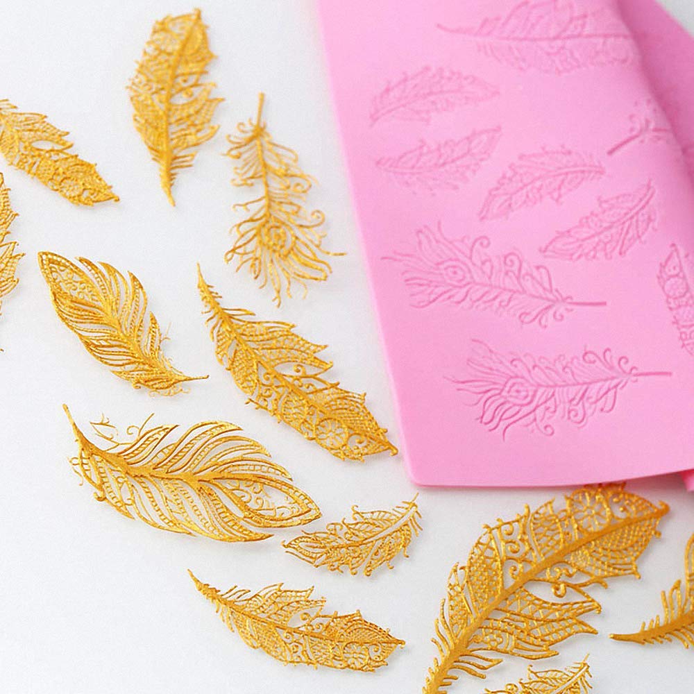 16 Inch Peacock Feather Silicone Lace Mat With Fondant Scraper, Texture Fondant Impression Embossing Decorating Mold Gum Paste C