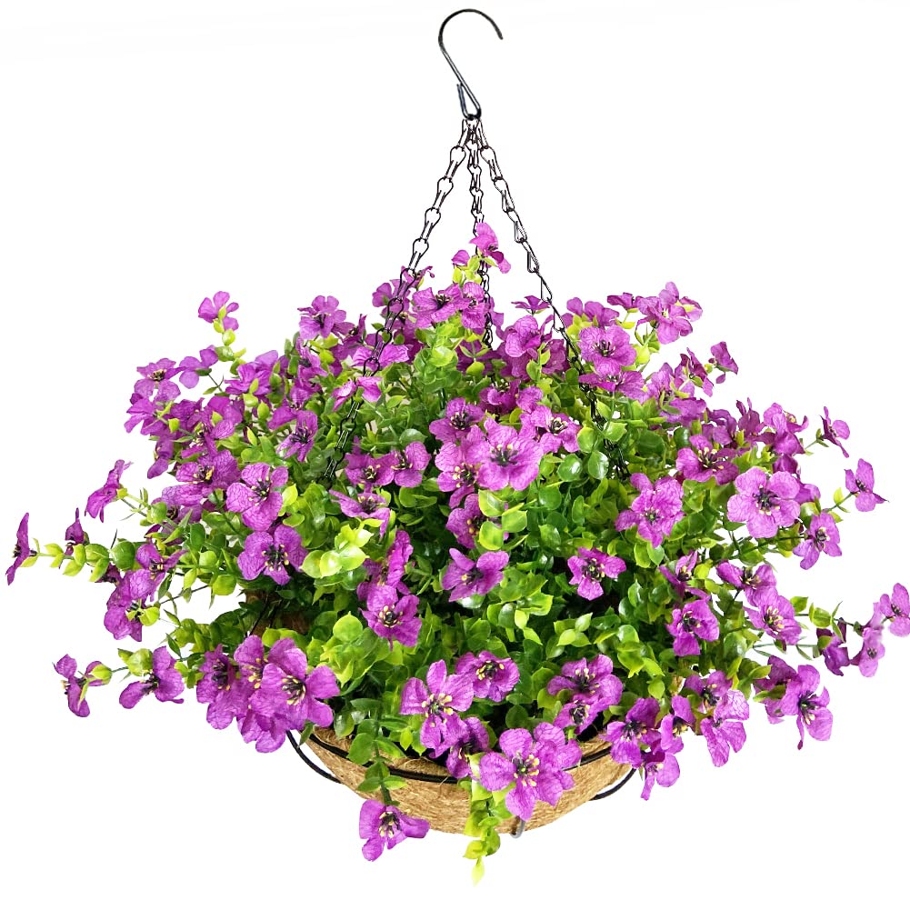 Lesrant Artificial Flowers in Basket,Artificial Hanging Baskets with Flowers for Outdoors Indoors Courtyard Decor,12 inch Coconu