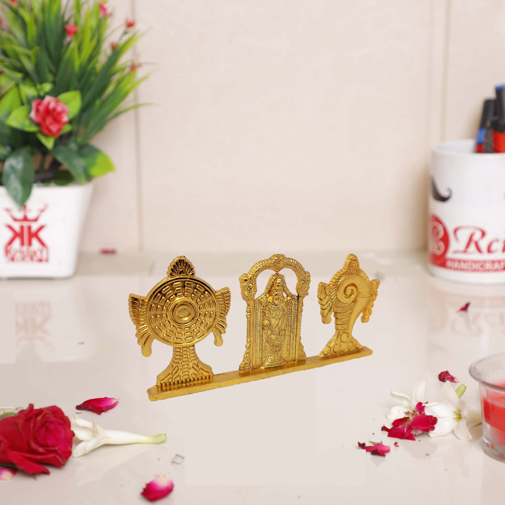 Kridaykraft Tirupati Balaji Symbol Stand Shankh Chakra With Balaji Statue Gold Plating Antique Decorative For Car Dashboard Home