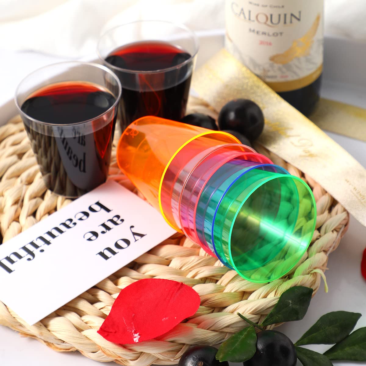 Qianqueyue 250 Pack Shot Glasses, 2Oz Disposable Clear Hard Plastic Cups(Multicolor),Jello Cups For Party,Iridescent Party Suppl