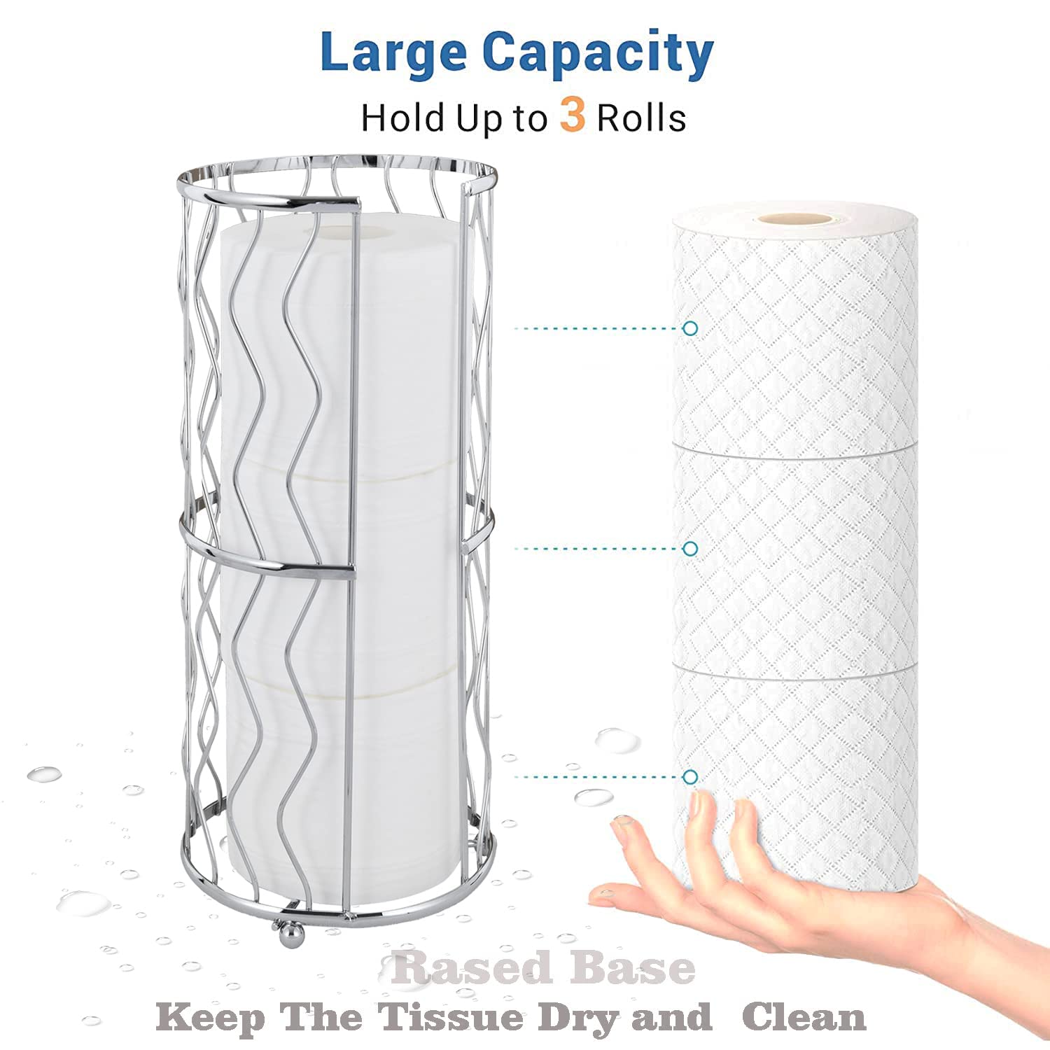 Megier Decorative Metal Standing Toilet Tissue Holder for Bathroom/Powder Room  Compact Tissue Reserve for 3 Jumbo Rolls of Extra Toilet Paper Chrome