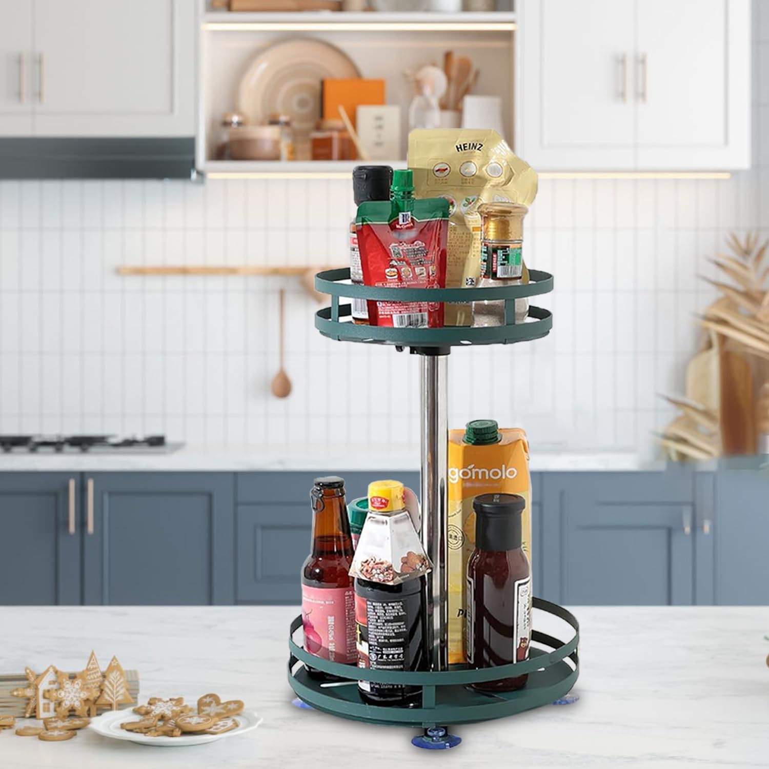 Kuber Industries 2Layer Rotating Spice Rack|Circular Shelf For Cabinet Countertop|360Degree Rotable Kitchen Trolley|Fruit Bask
