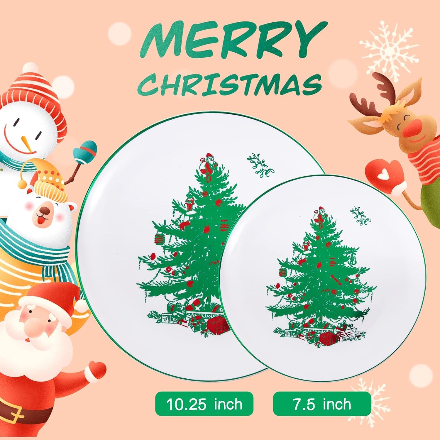 Rubtlamp 60PCS Christmas Plastic Plates, White Disposable Plates with Green christmas Tree, Fancy christmas Party Plastic Plate