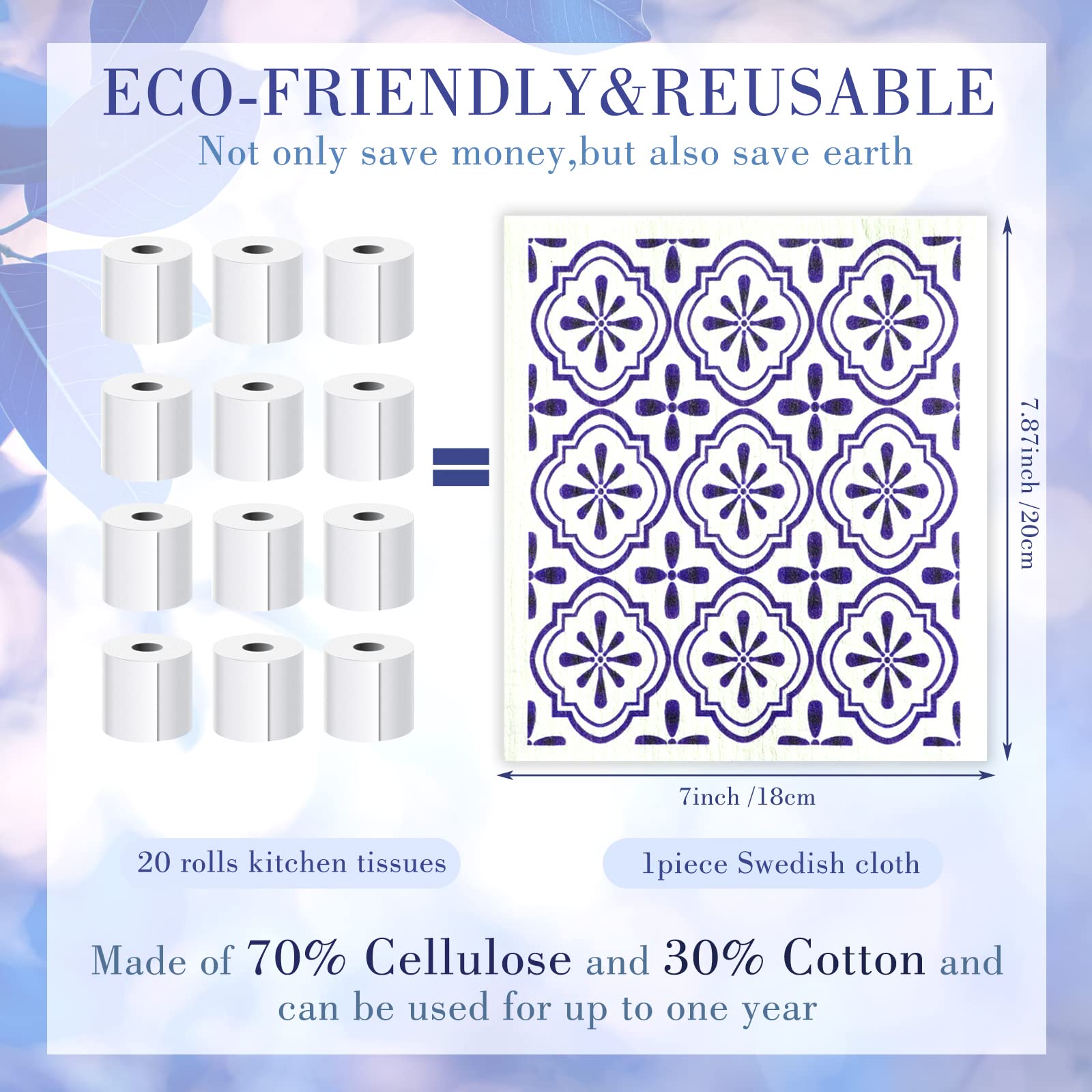 Cunhill 6 Pcs Reusable Kitchen Dish Cloths, Absorbent Cellulose Sponge, Quick Drying, Small, Blue Plaid