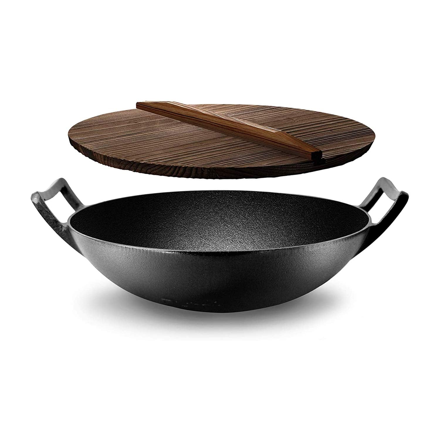 NutriChef Cast Iron Wok with Wooden Lid - Pre-Seasoned Chinese Wok for Stir-Fry, Compatible with Multiple Cooktops Including Ind