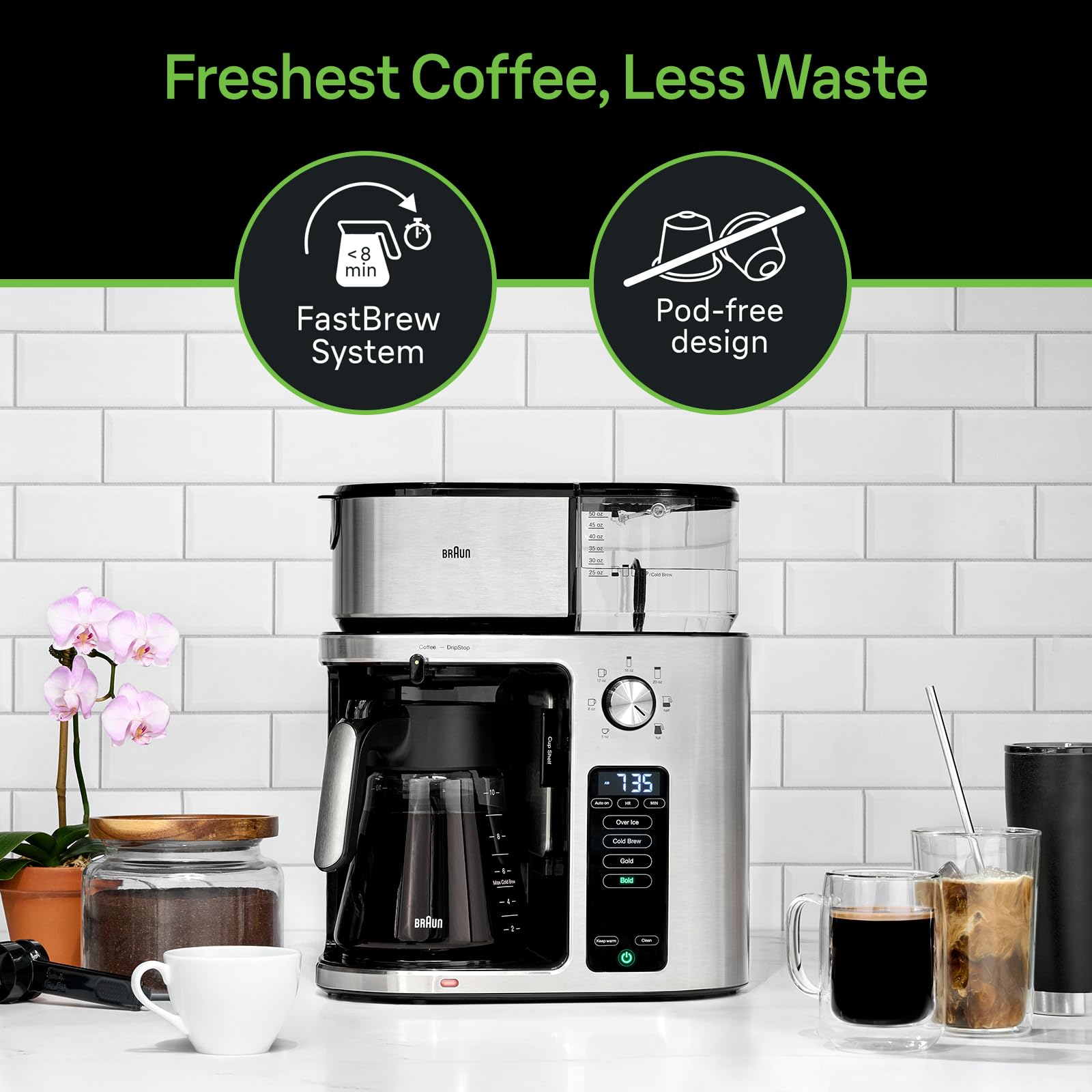 Braun Multiserve Plus 10- Cup Pod Free Drip Coffee Maker, 7 Brew Sizes/Hot & Cold Brew, Stainless Steel Kf9270Si