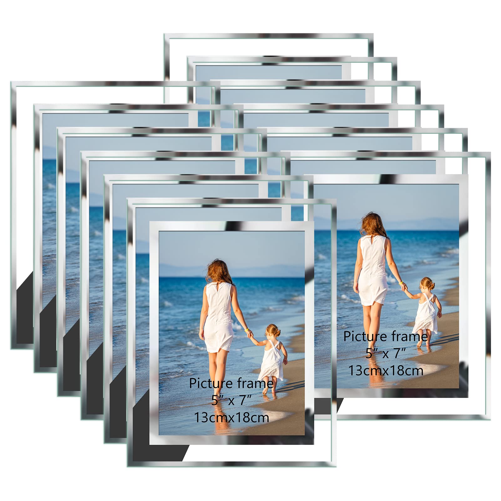 Hoikwo Bulk 5x7 Picture Frames, 12 Packs Silver Photo Frames 5 by 7, Glass Wedding Frames 5x7, Clear Mirror Wedding Photo Frames