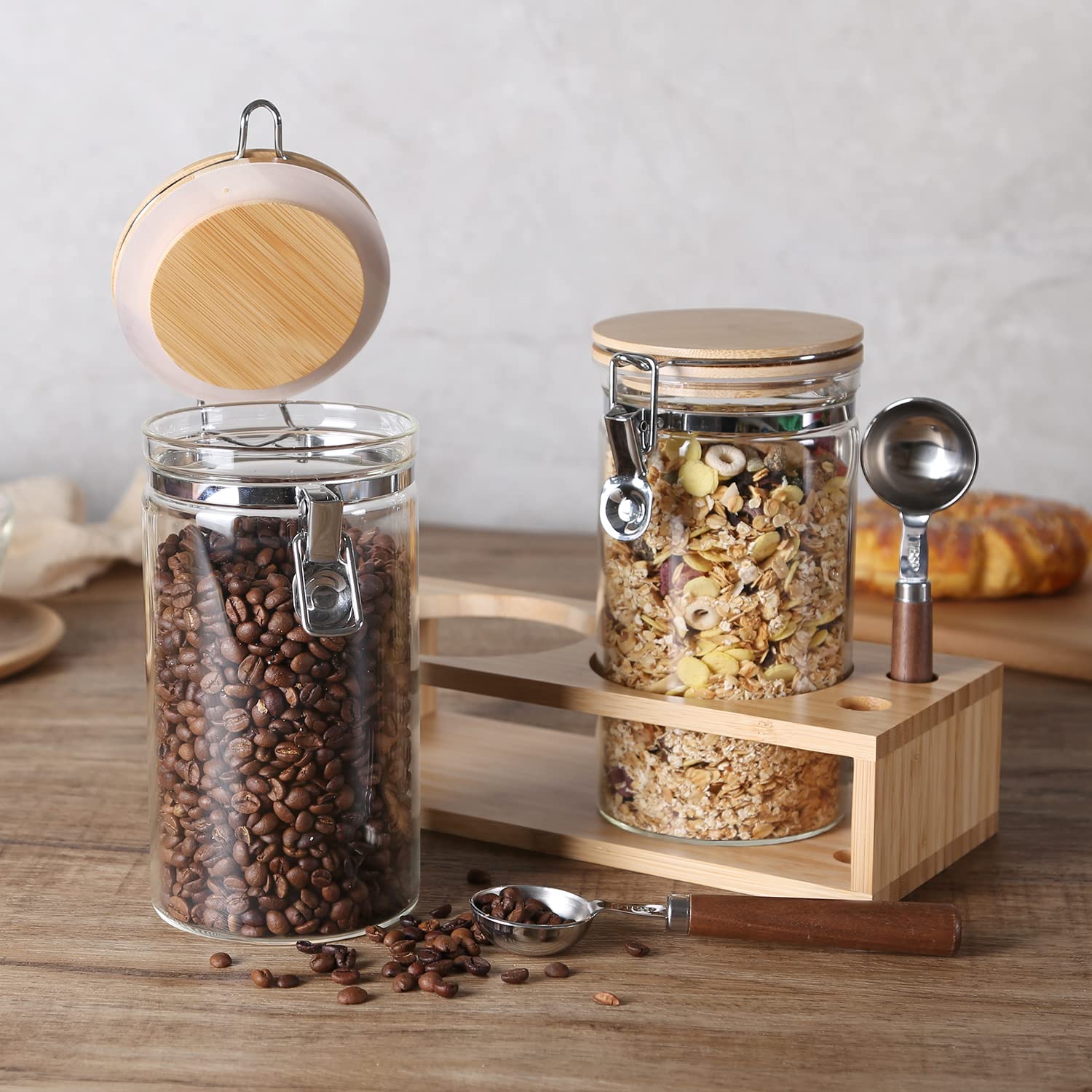 Kkc Glass Coffee And Sugar Containers With Airtight Hinged Lids,Sealed Glass Jar Canisters With Scoops For Ground Coffee,Beans,L