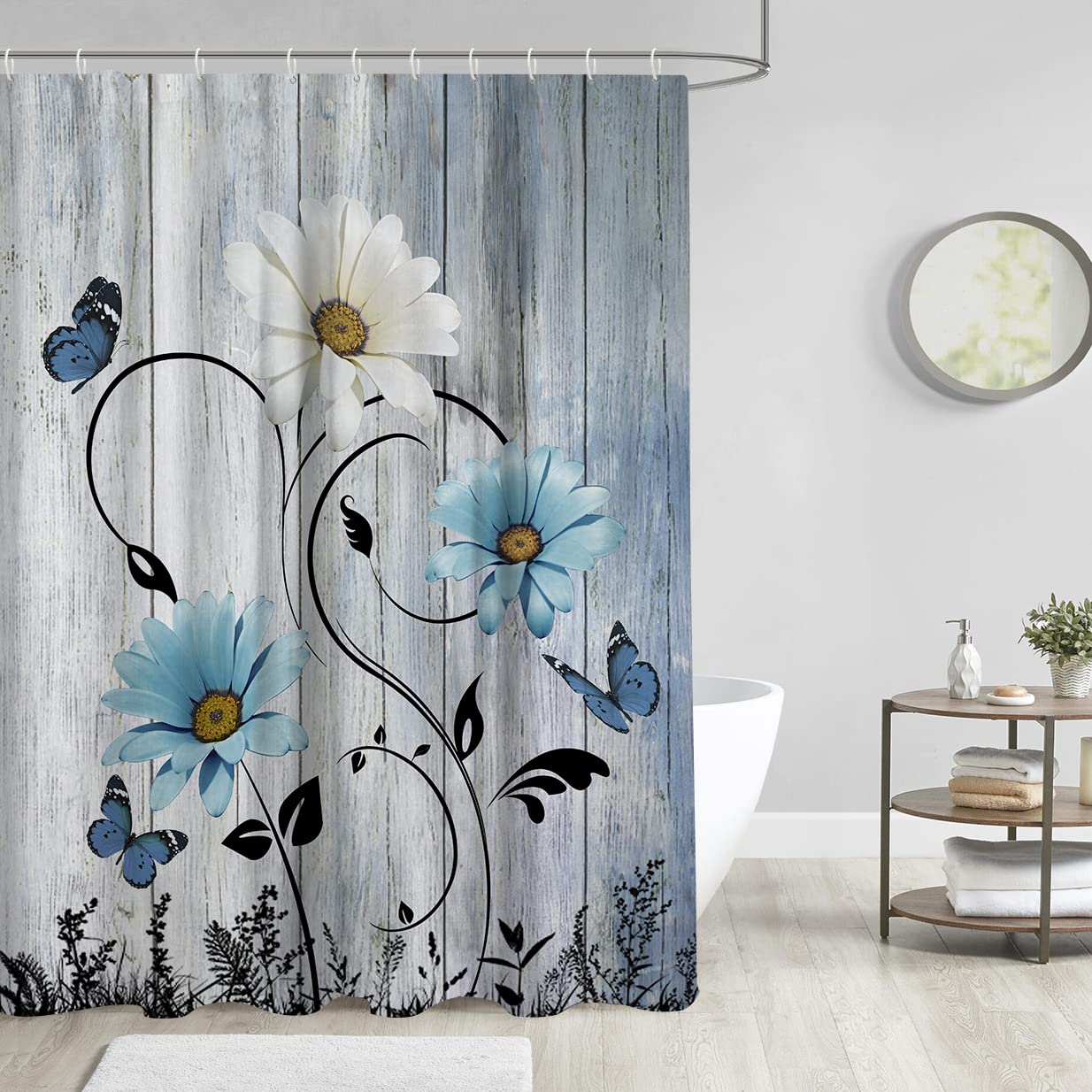 Aatter Blue Floral Flower Shower Curtain Rustic Boho Grey White Yellow Daisy Nature Black Botanical Teal Turquoise Unique Fabric