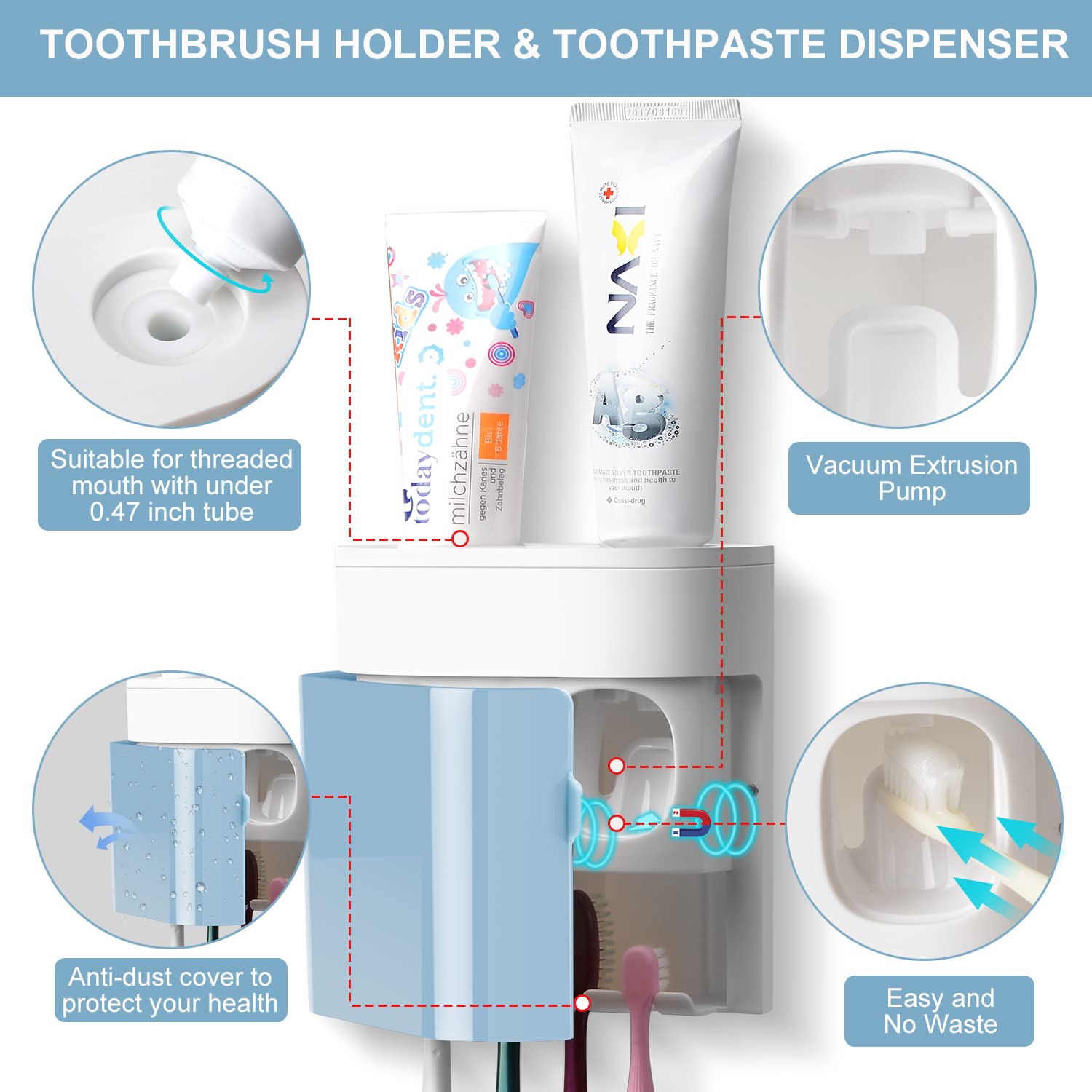 GFWARE Toothbrush Holder Toothpaste Dispenser Wall Mounted Blue Cover Electric Tooth Brush Stand Set with 2 Toothpaste Squeezers for Shower Bathroom Kids (No Electric  No Light)