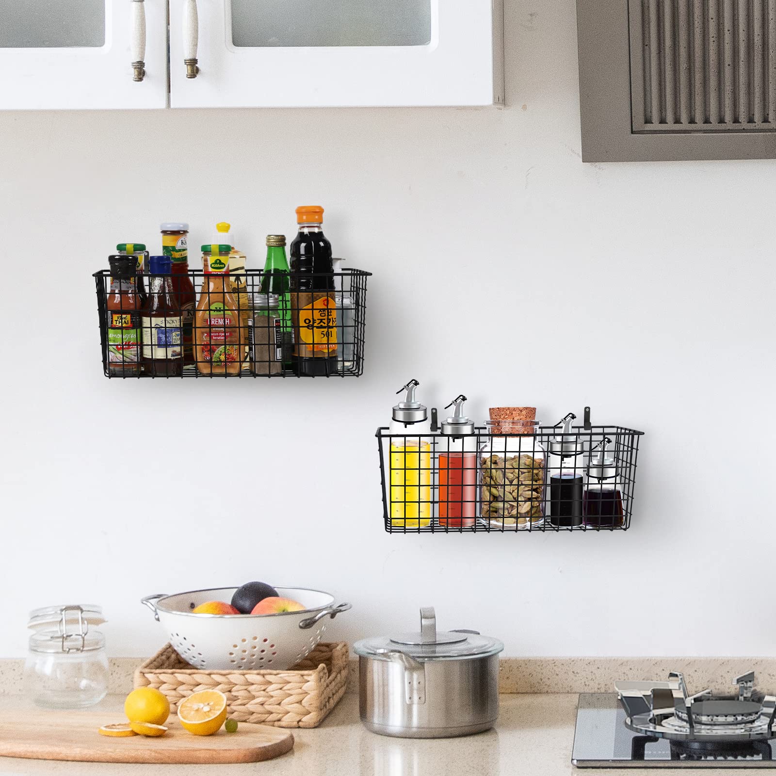 2 Sets Extra Large Hanging Wall Basket, Black Metal Wire Baskets With Steel Hooks For Organizing, Wallmountedfruit Vegetable Toy