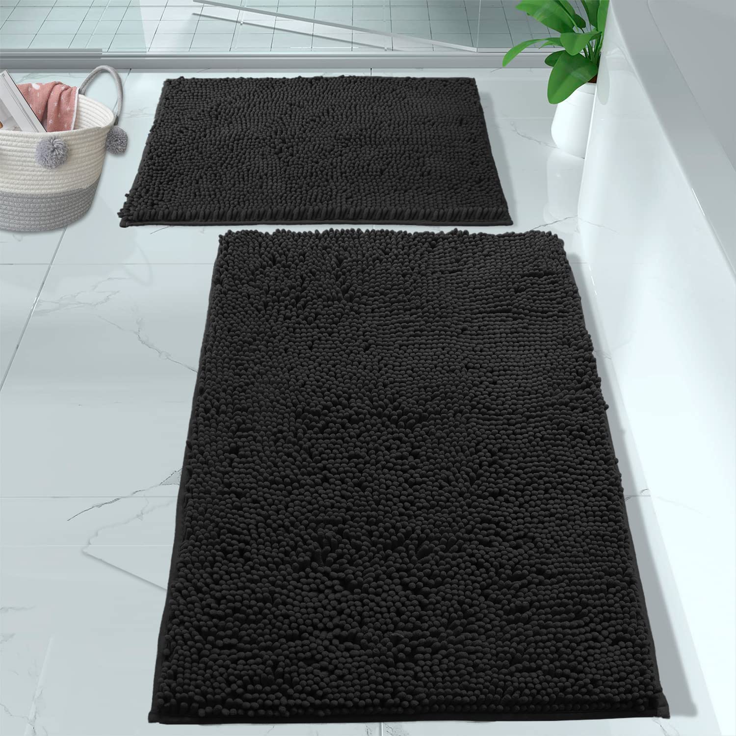 Luxurux Black Bathroom Rug Set-Extra-Soft Plush Bath Mat Shower Bathroom Rugs,1'' Chenille Microfiber Material, Super Absorbent