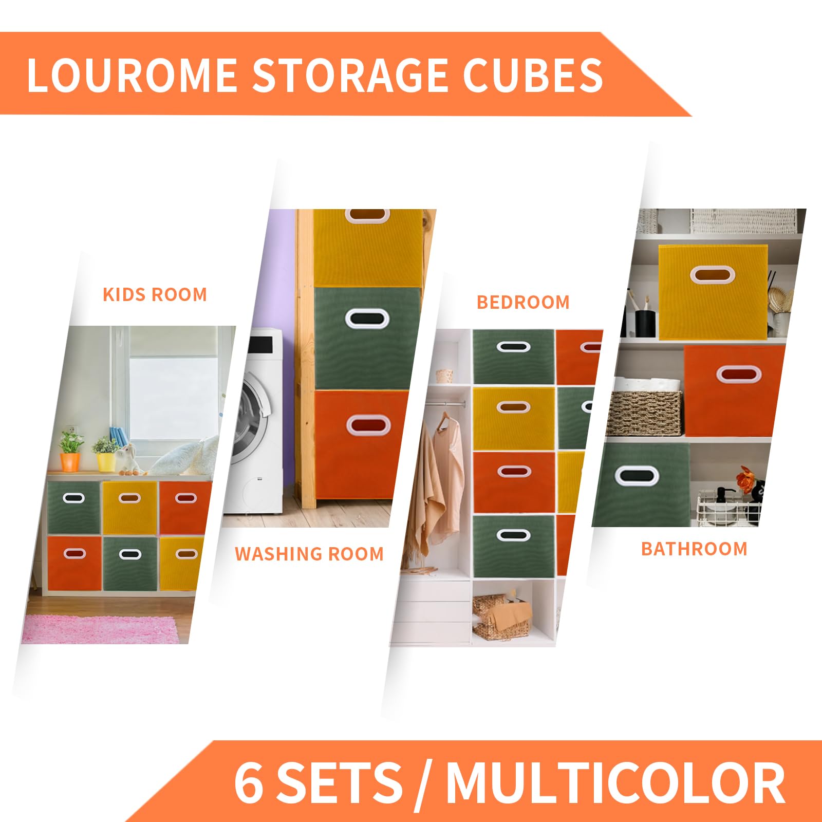 Lourome Storage Cubes - 11-Inch Foldable Fabric Bins, 6 Sets with Handles, Multicolour (Yellow, Orange, Green) for Toys, Clothes, Books