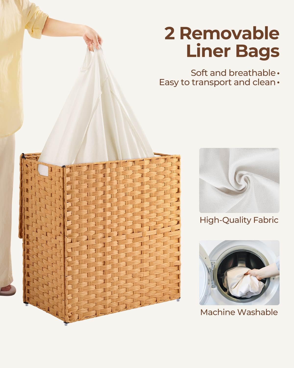 GREENSTELL Laundry Hamper with lid  No Install Needed  110L Wicker Laundry Baskets Foldable 2 Removable Liner Bags  2 Section Clothes Hamper Handwoven Rattan Laundry Basket with Handles  Natural