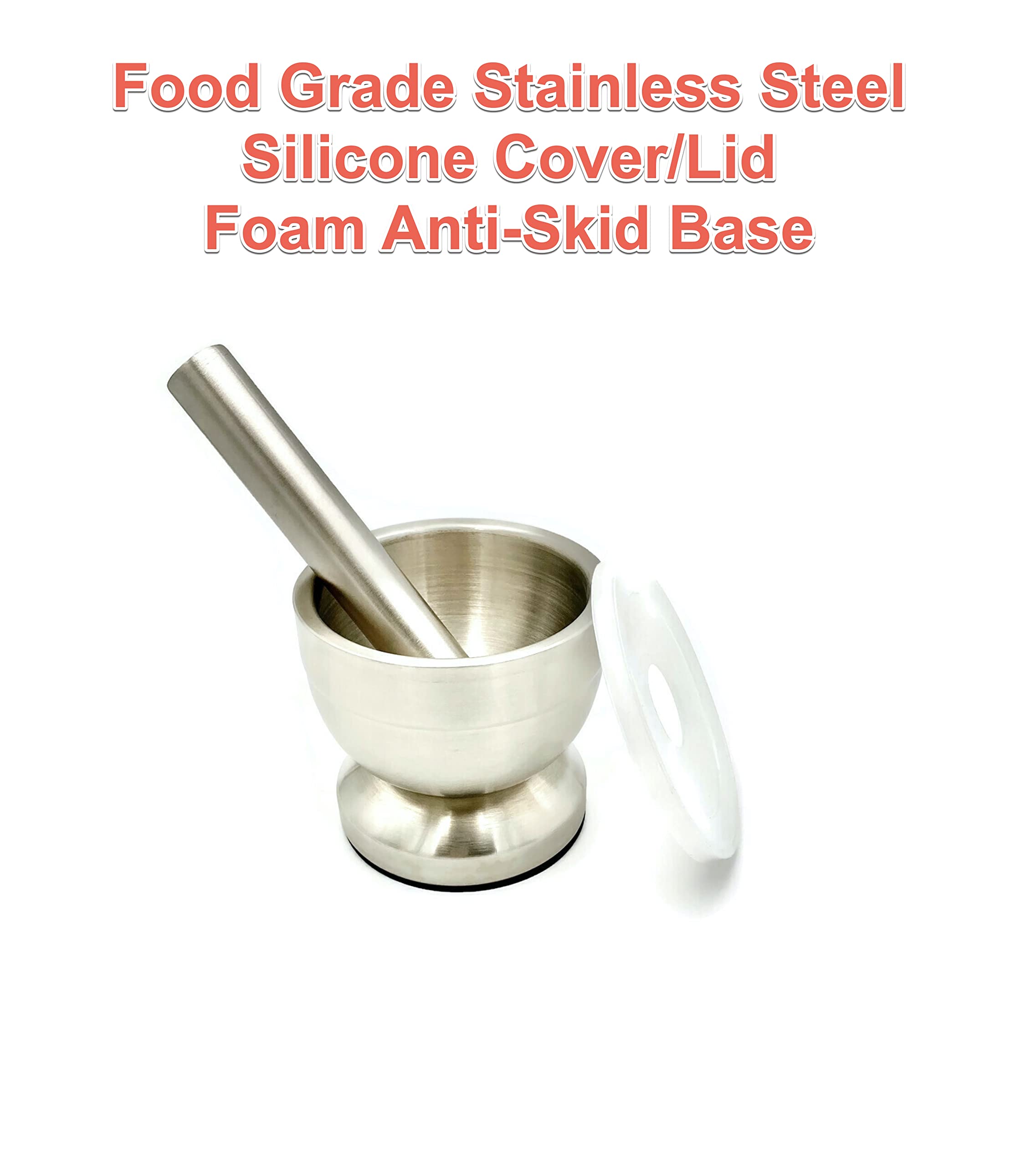 Emart4U Mortar And Pestle Set, Stainless Steel Grinder & Crusher With Silicone Lid Excellent As Pill Crusher Spice Coffee Grinde