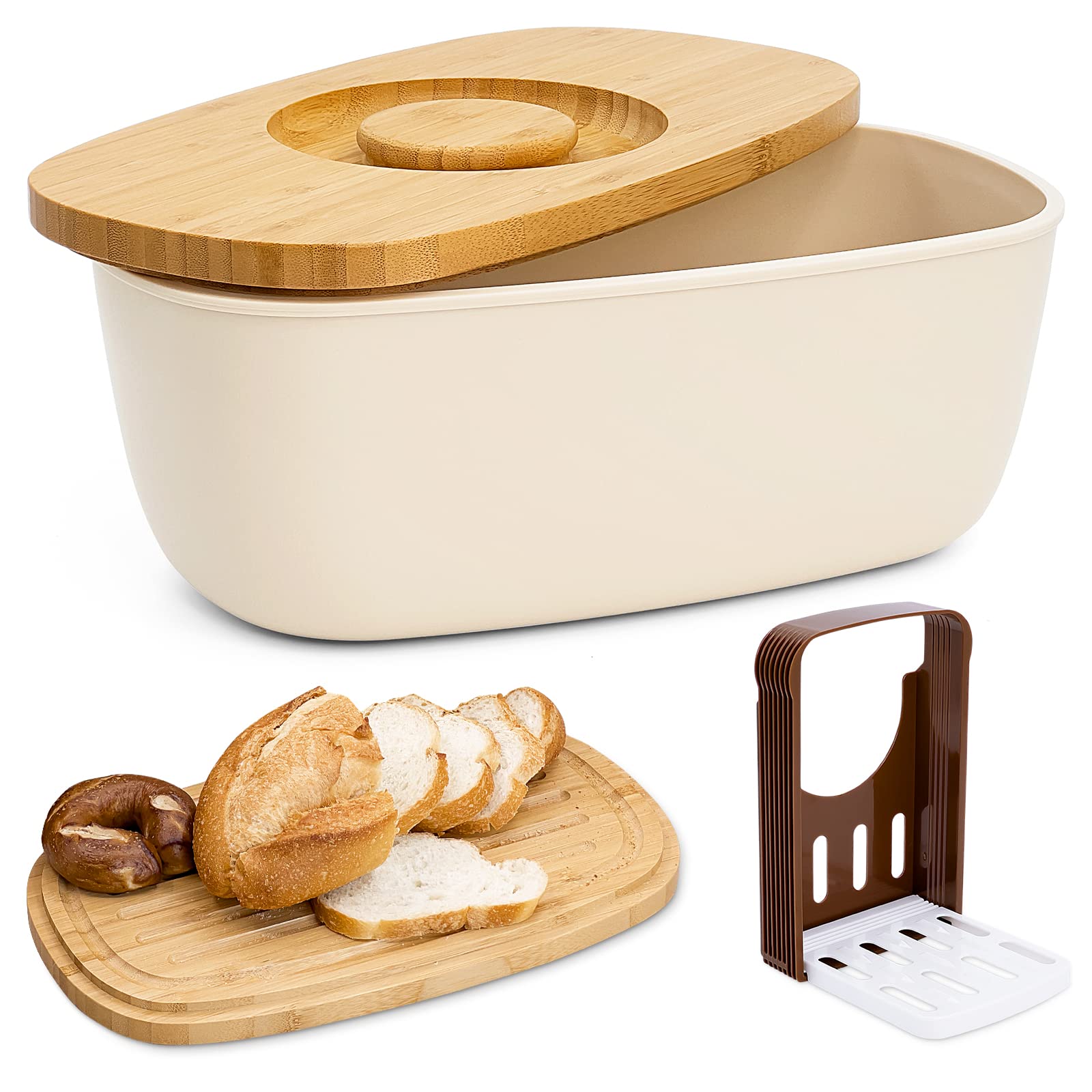 Triiter Bread Box With Bamboo Wood Cutting Board Lid & Bread Slicer Holder, Oval Cream Color Bread Container For Kitchen Counter