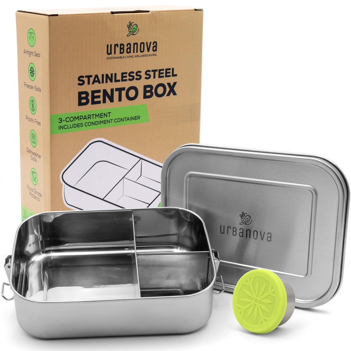Large 304 Stainless Steel Bento Box For Adults (47Oz) - Lunch Box Containers With 3 Compartments, Condiment Container & Leakproo