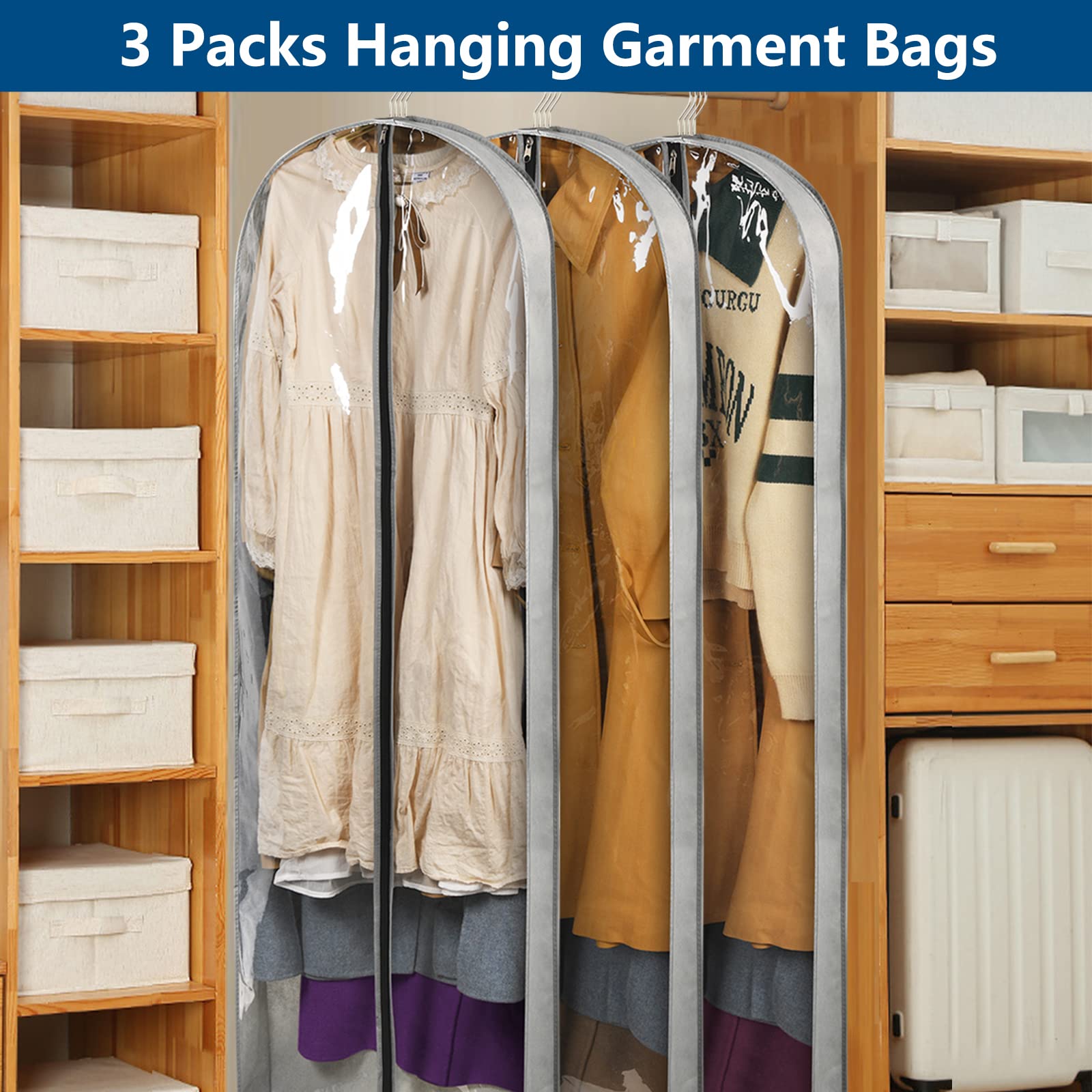 Belinlen 3 Pack 60'' Long Garment Bags For Hanging Clothes Storage, Clear Moth Proof Suits Covers With 4'' Gussets For Closet St