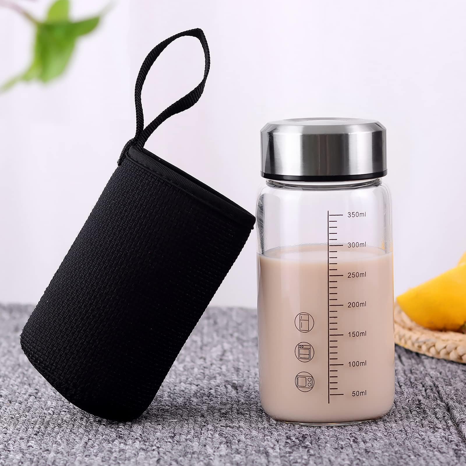 Tongrang-Life 12Oz Glass Water Bottle,Glass Shaker Bottle,0.15In/3.8Mm Thick Glass,Small Wide Mouth Glass Water Bottle With Lid,