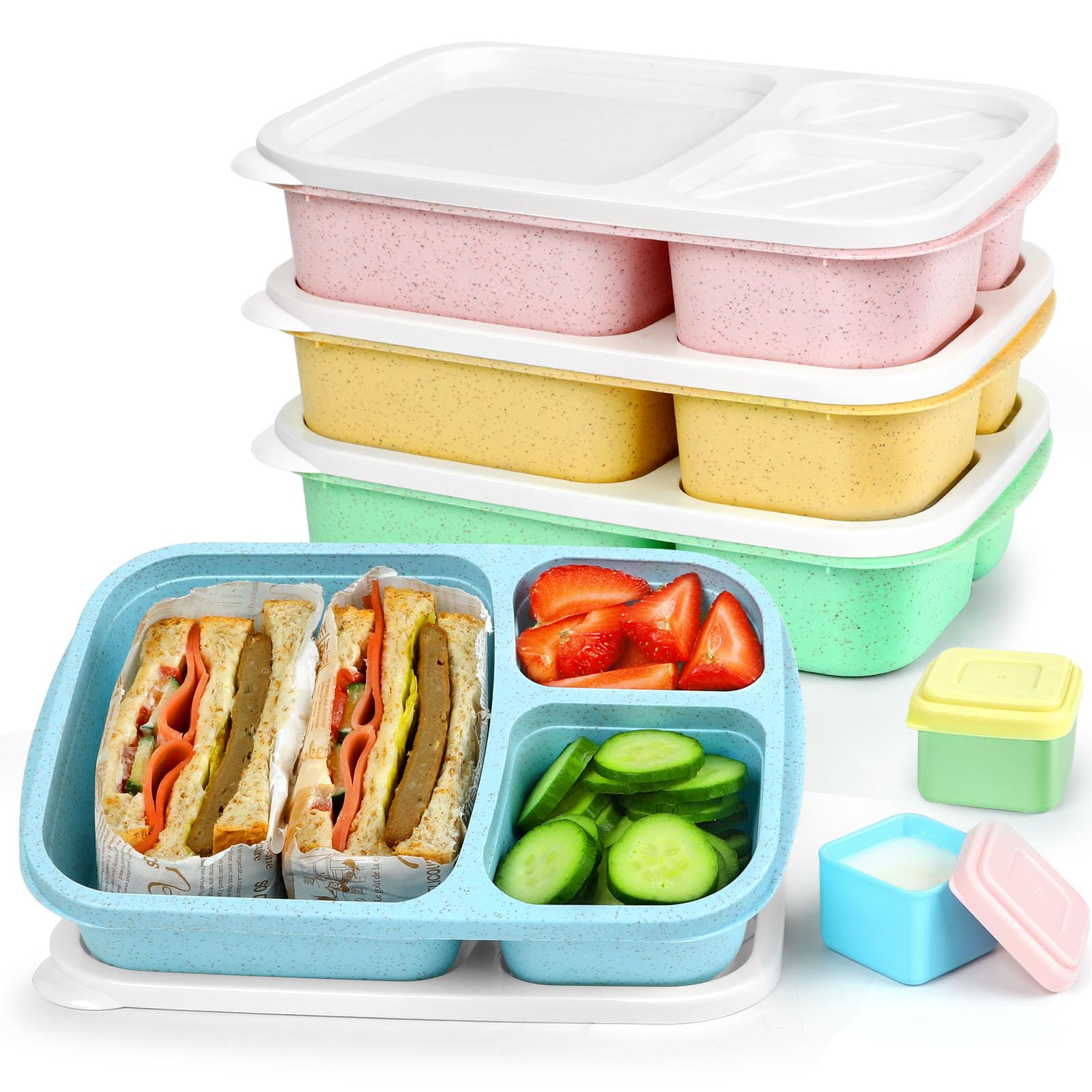 Caperci Bento Lunch Box Containers for Adults & Kids - 3-Compartment Reusable Meal Prep Containers with 2 Sauce Containers for S