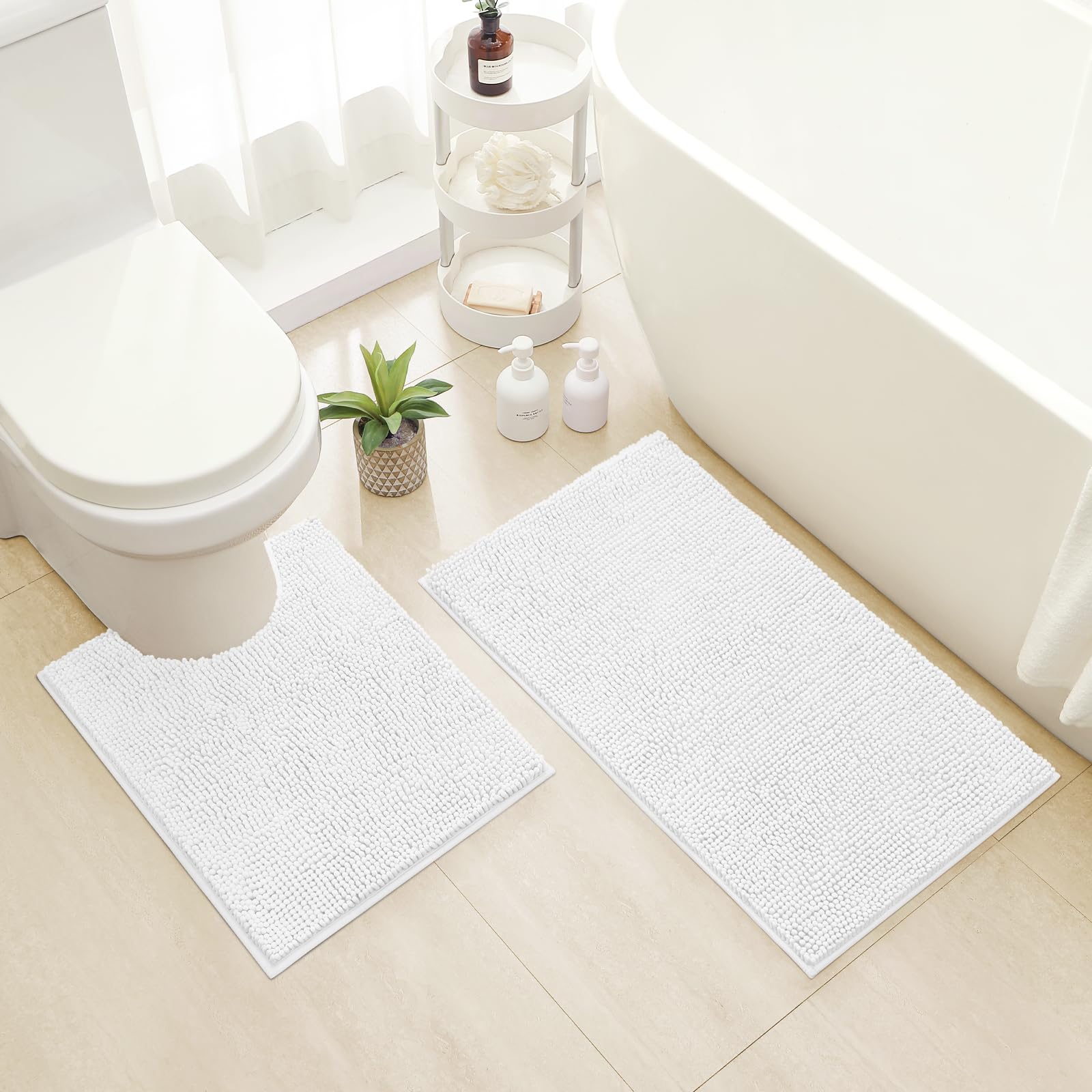 Homeideas Bathroom Rugs Set 2 Pieces, Ultra Soft Non Slip Absorbent Chenille Toilet Bath Mat Set (White)