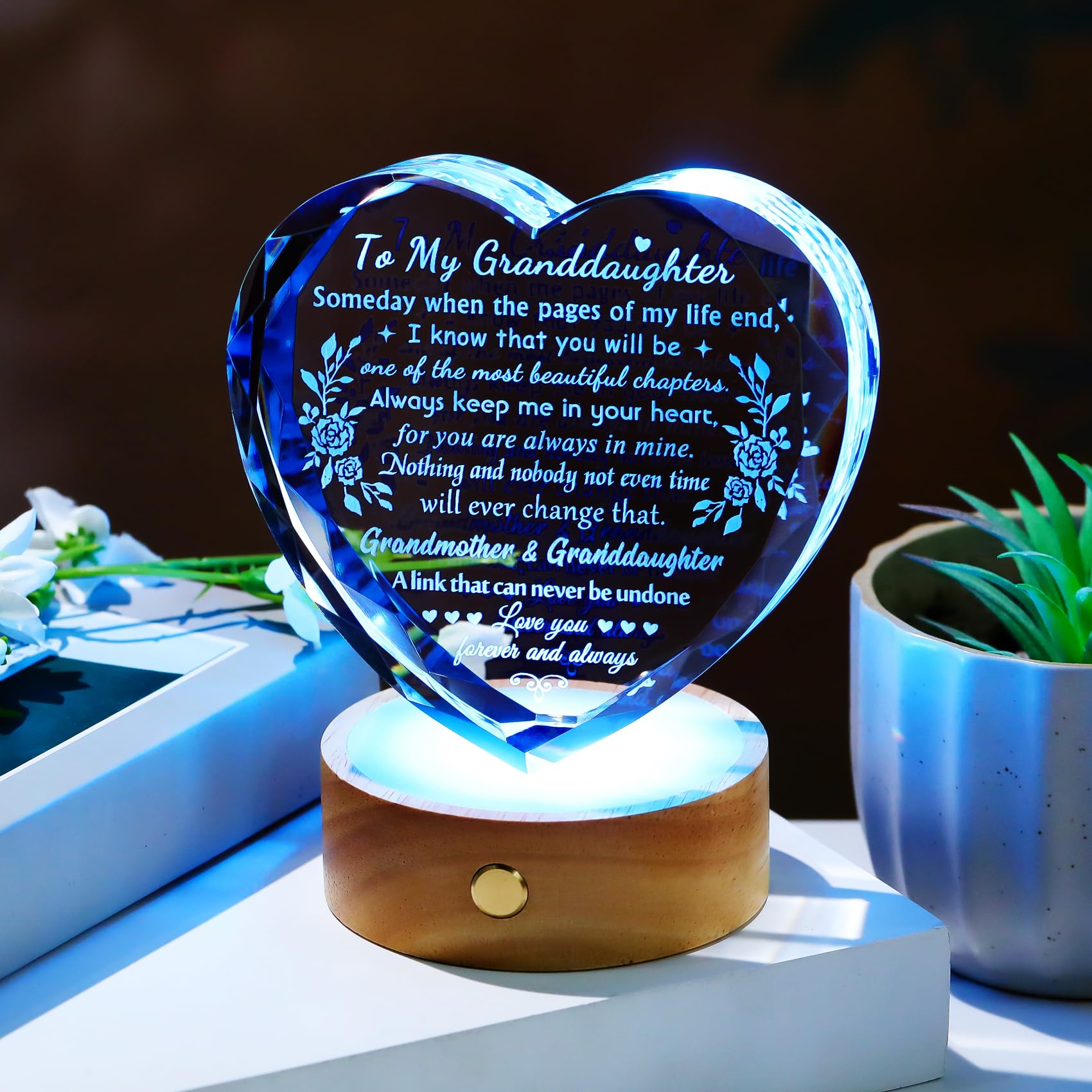 YWHL Granddaughter Gifts from Grandma, Birthday Gifts for Granddaughter, Crystal Heart Keepsake with Colorful Base, Graduation W
