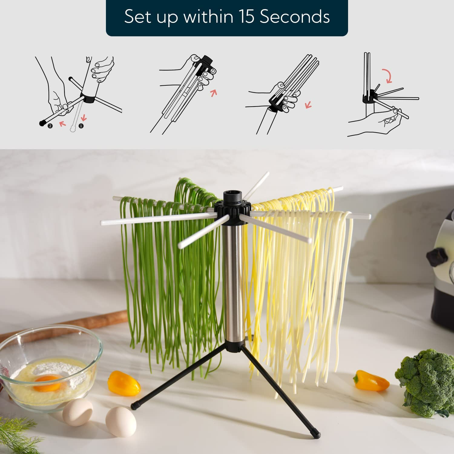 Kitchendao Collapsible Pasta Drying Rack, Easy Storage, Quick Set Up, Foldable Pasta Dryer Rack, Spaghetti Noodle Tree Stand Han